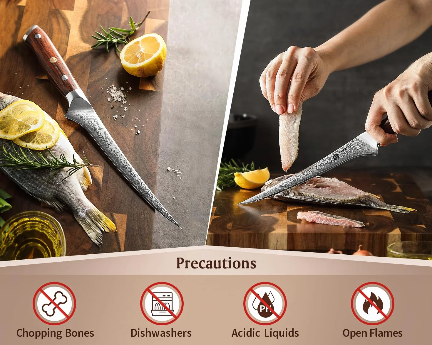 XINZUO Coltello per Sfilettare da Cucina 18cm Acciaio Damasco 67 Strati Manico in Legno di Rosa