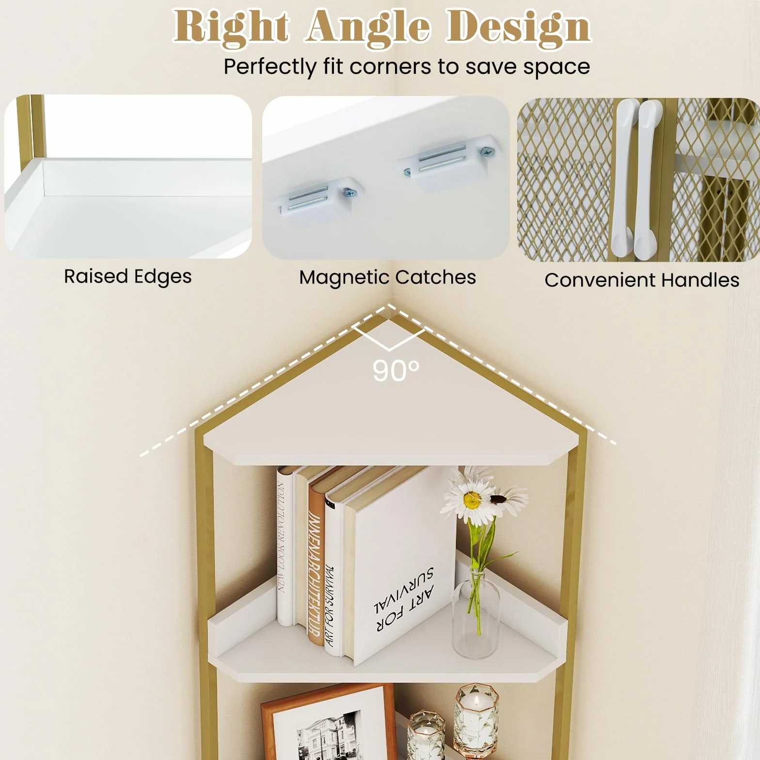 HOMASIS Scaffale ad Angolo, Mobiletto Angolare a 4 Ripiani e Armadietto, Portaoggetti di Legno, Mensola Industriale in Soggiorno, Studio, Cucina, Camera da Letto (Bianco, 32 x 170 cm)