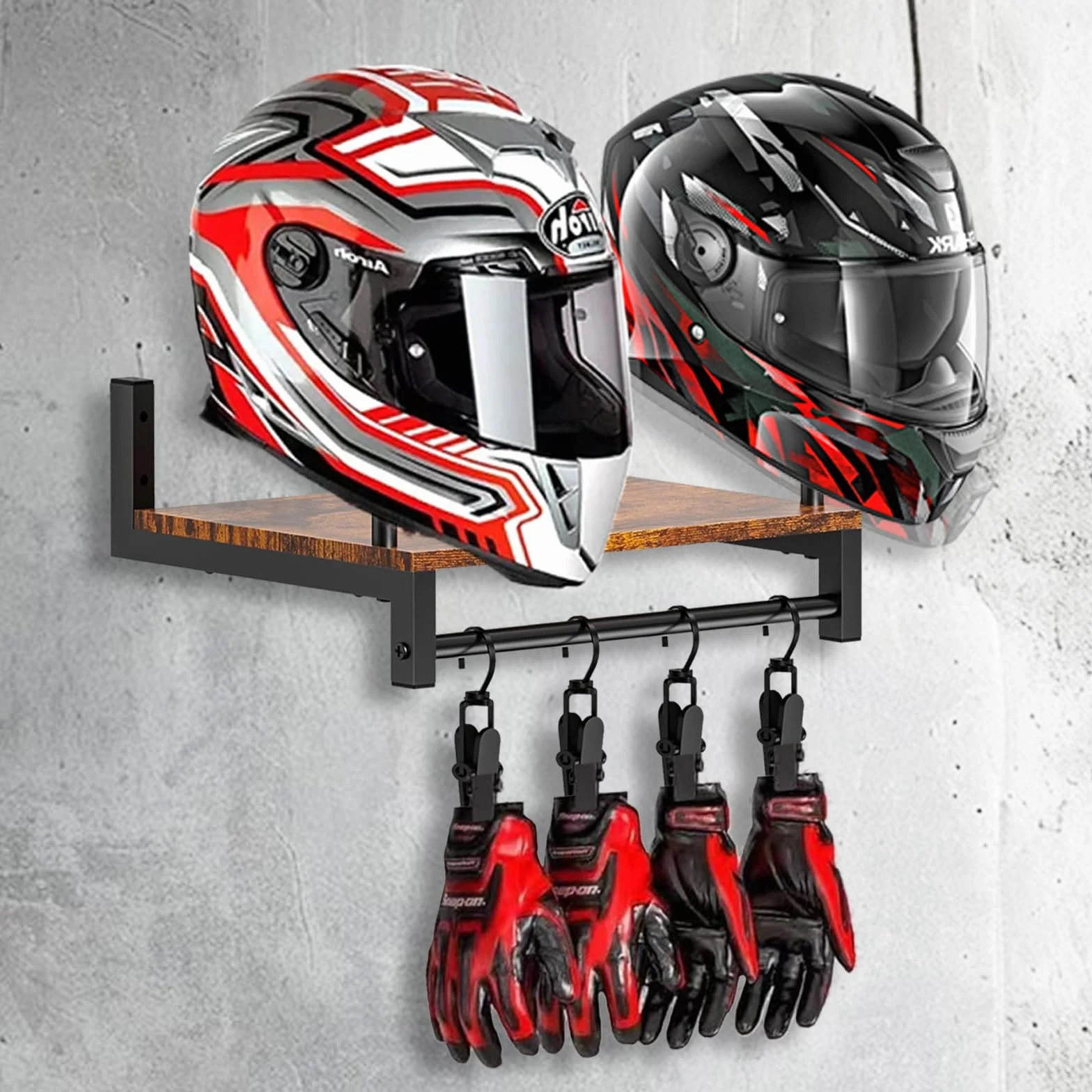 Porta Casco Moto da Parete per 2 Caschi con 4 Clip Appendere Guanti Abbigliamento Moto