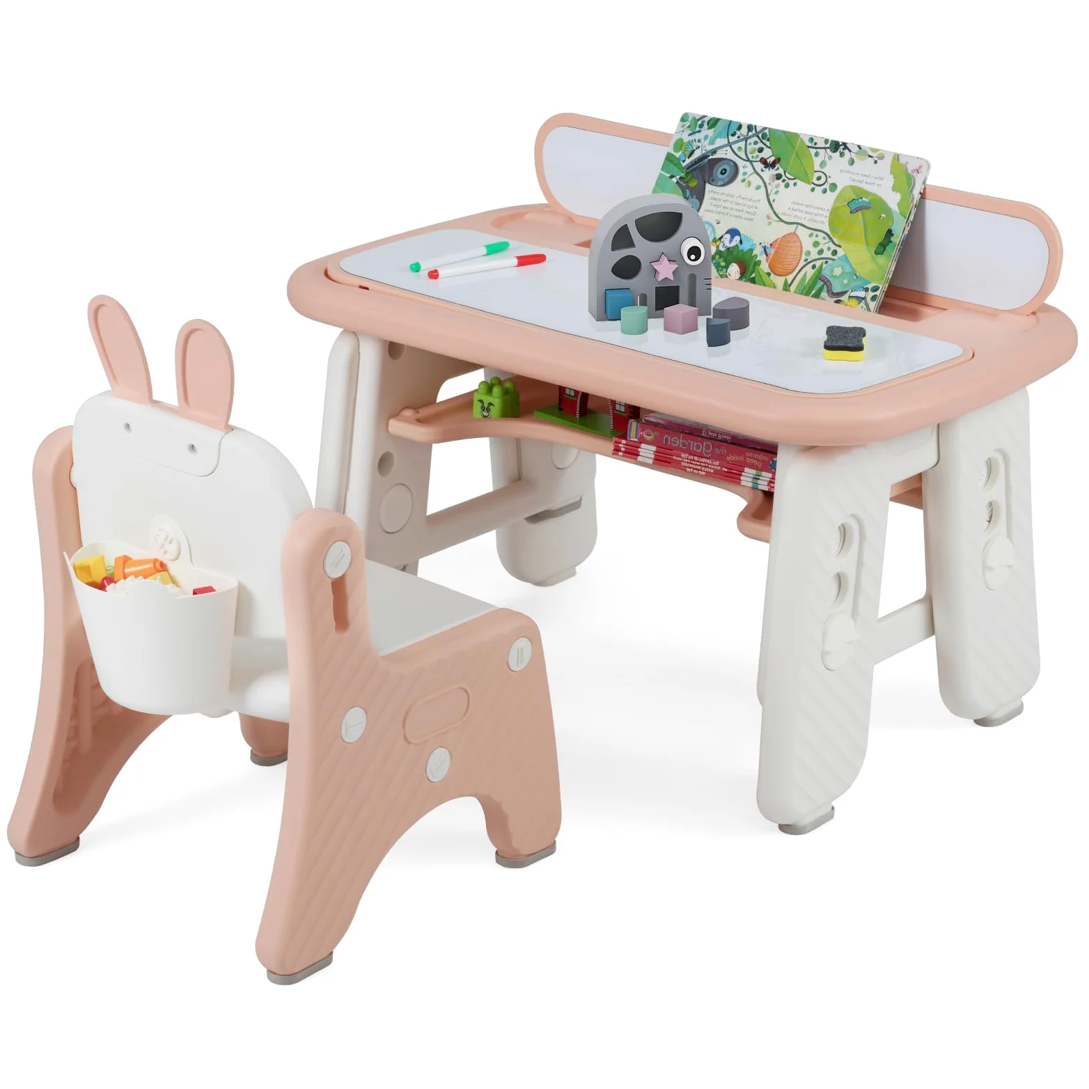 RELAX4LIFE 2 in 1 Set Tavolo e Sedia per Bambini con Lavagna Doppia Faccia Magnetica e Cancellabile, Altezza Regolabile, Cestello Portaoggetti, Tavolino per Bambini 1-12 Anni (Rosa)