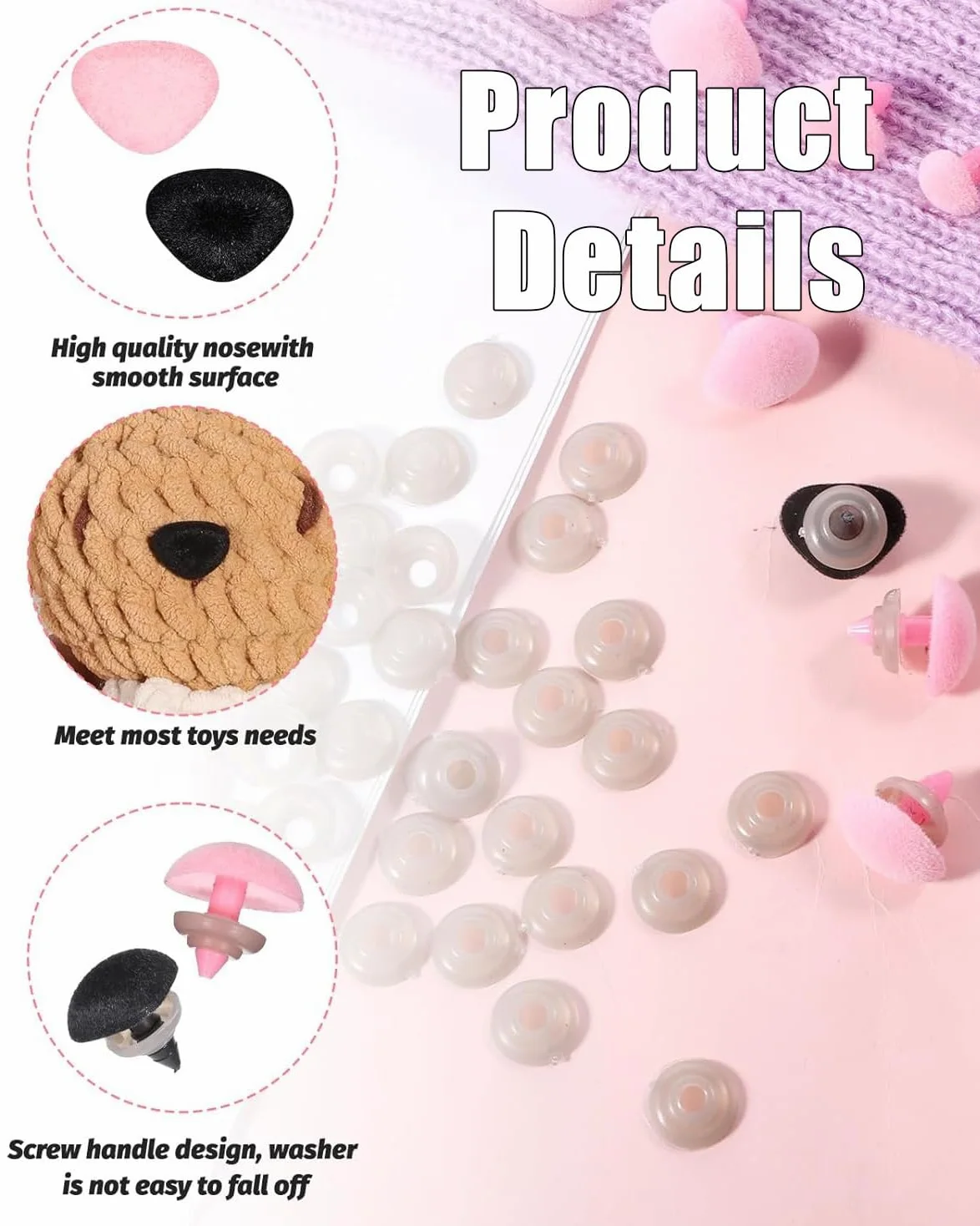 32 Pezzi Nasi di Sicurezza per Animali all'Uncinetto, Naso con Floccatura di Sicurezza per Animali di Peluche Nero Rosa, Naso Giocattolo con Rondelle