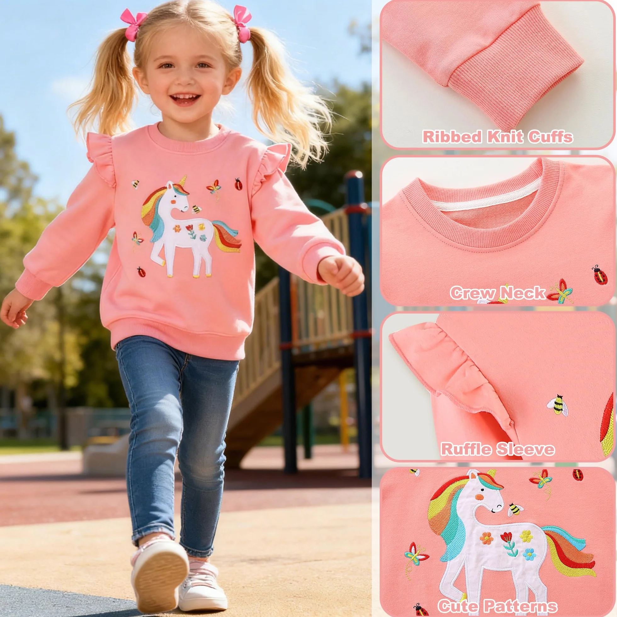 Felpa Bambina Cotone Manica Lunga Maglione Arcobaleno Unicorno Stampato Ricamo Pullover Girocollo 2-8 Anni
