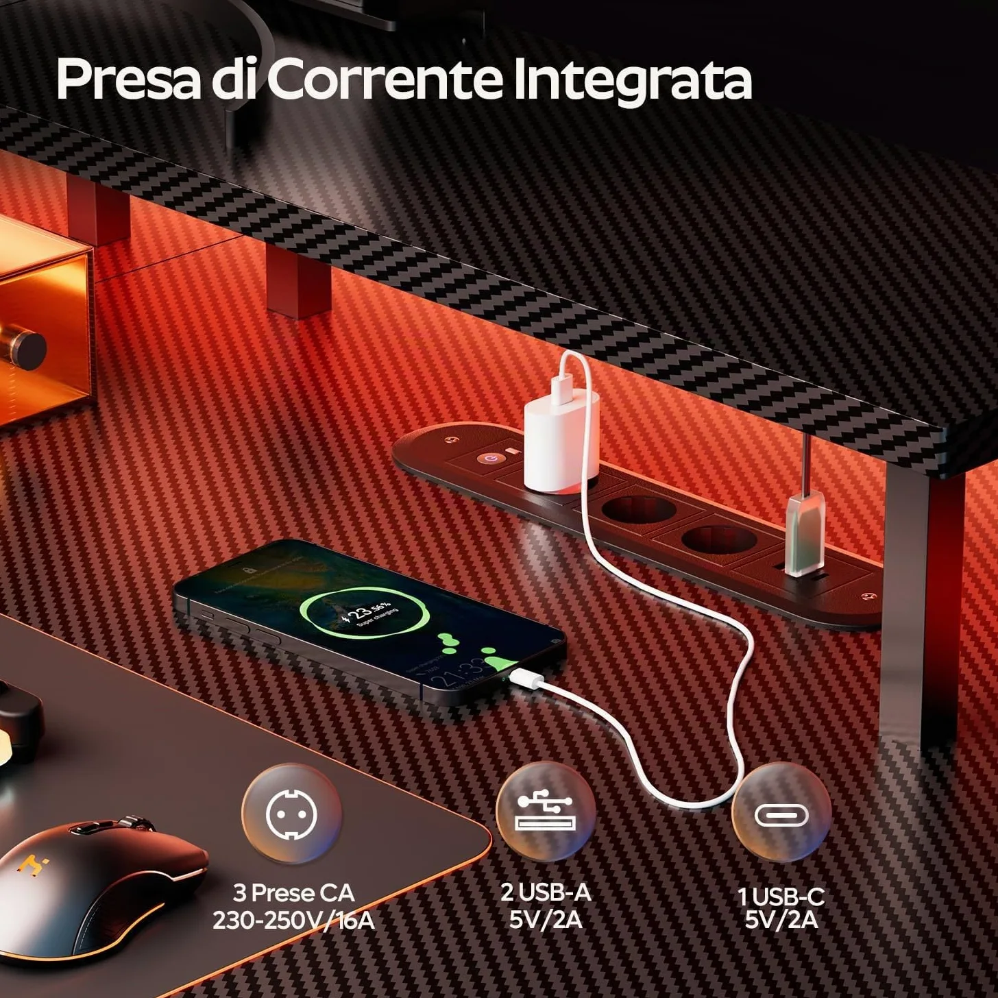 HLFURNIEU Scrivania Gaming LED 120 x 60 cm, Tavolo Gamer con Presa di Corrente e Supporto per Monitor, Postazione Gaming con Porta Bicchiere e Gancio per Cuffie, Superficie in Fibra di Carbonio, Nero