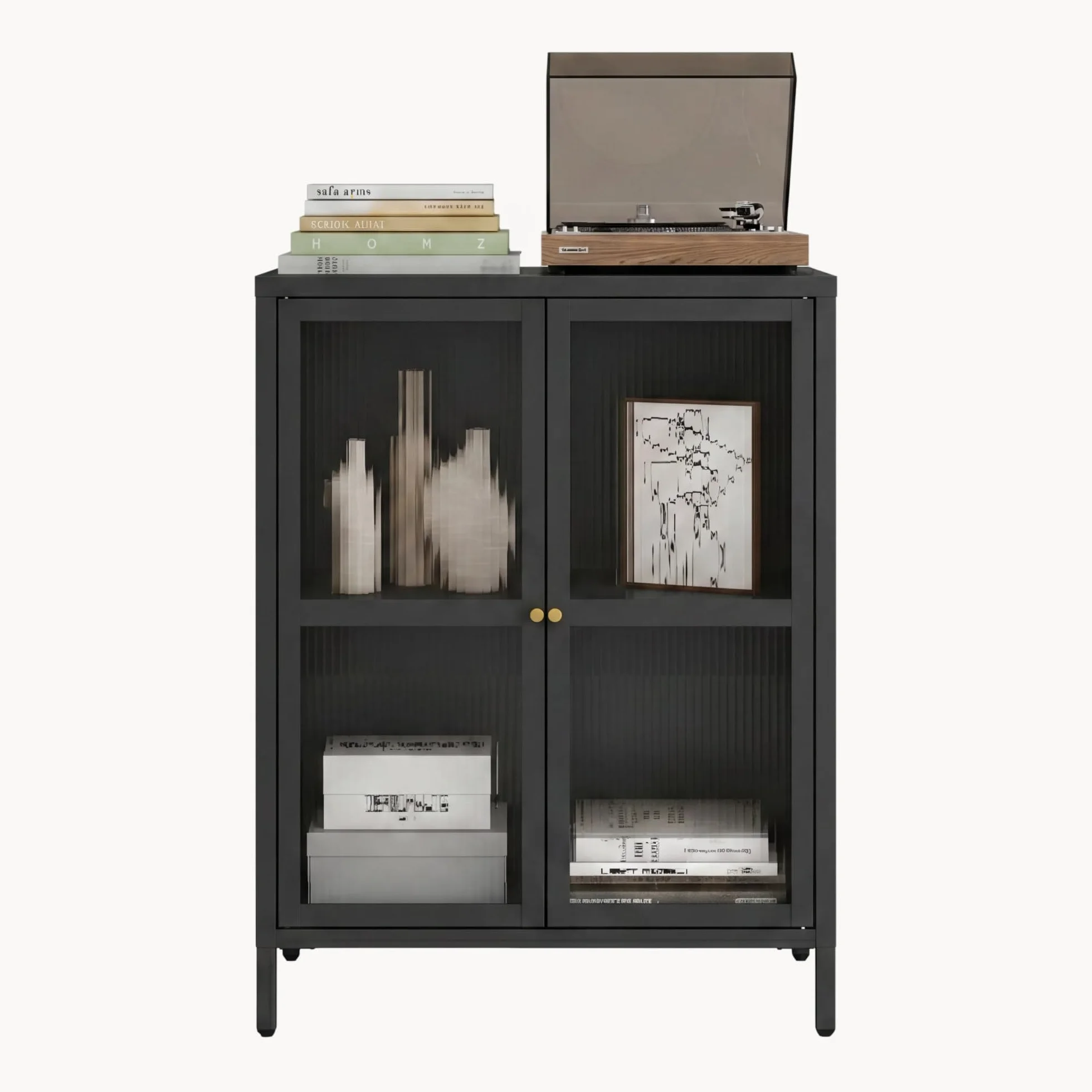 [en.casa] Comò con Ante in Vetro Scanalato Credenza in Acciaio per Soggiorno Mobile Vetrinetta con Scomparto Diviso 84x64x35 cm Nero