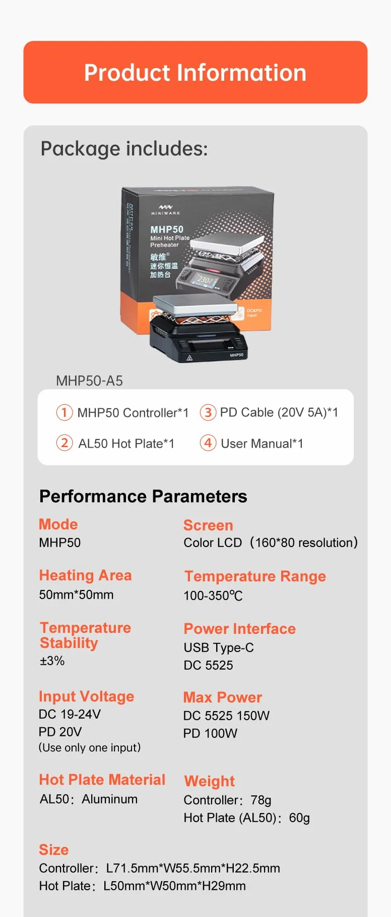 MINIWARE MHP50 - Preheater per piastra calda (alluminio con superficie anodizzata), 150 W, 50 x 50 mm, mini smart temperatura costante 100 – 350 °C