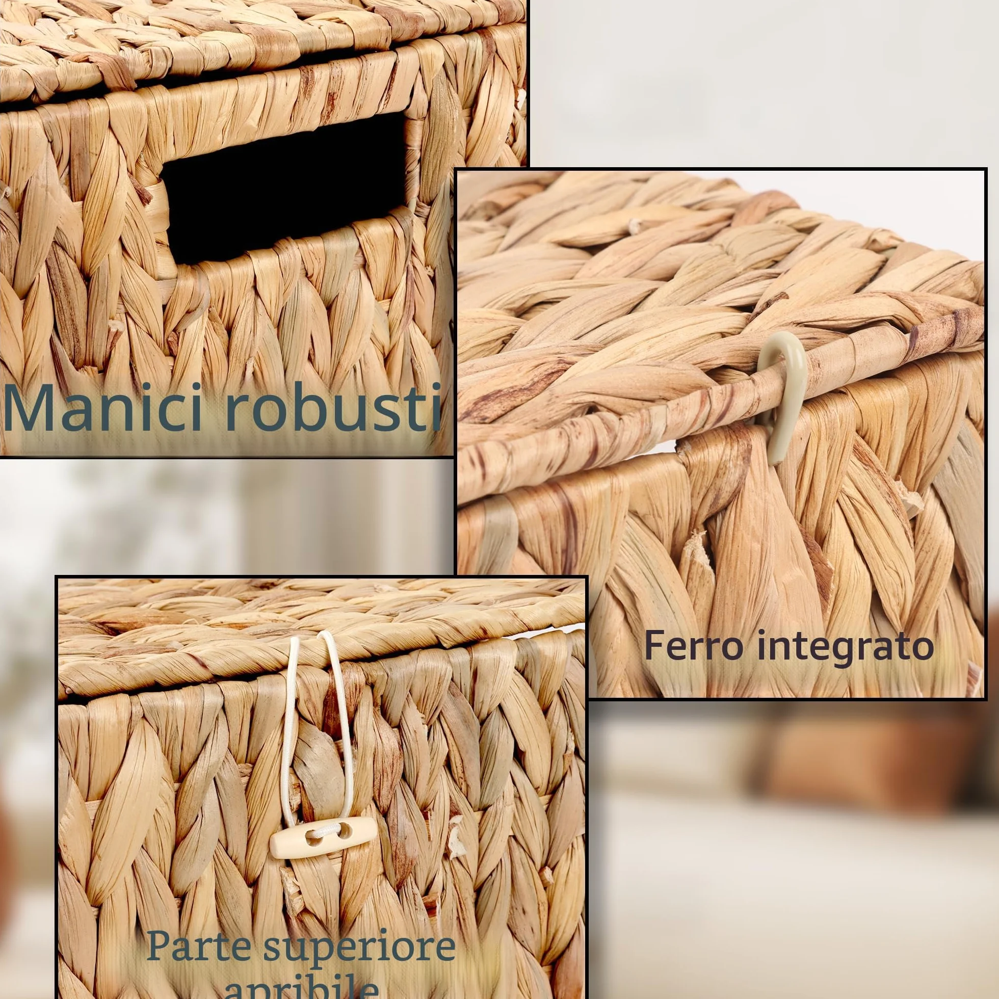 Cestini da scaffale in vimini con coperchio portaoggetti rettangolari naturale piccolo