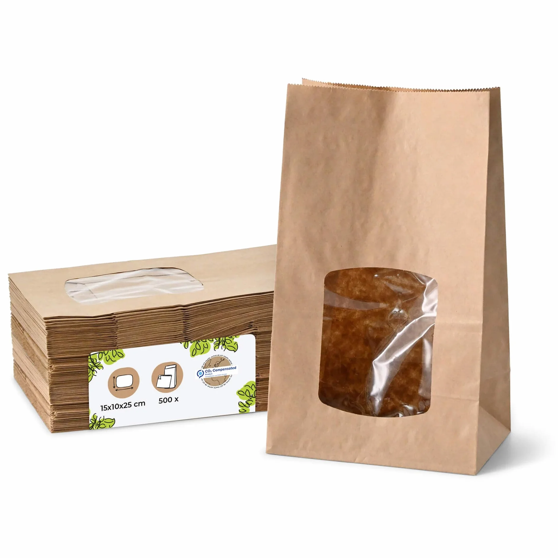 BIOZOYG Sacchetti con fondo quadro L con finestra trasparente biodegradabili 500 pz. Sacchetti di carta Kraft non rivestiti con finestra in plastica bio PLA sacchetti per biscotti tè dolci ecc.
