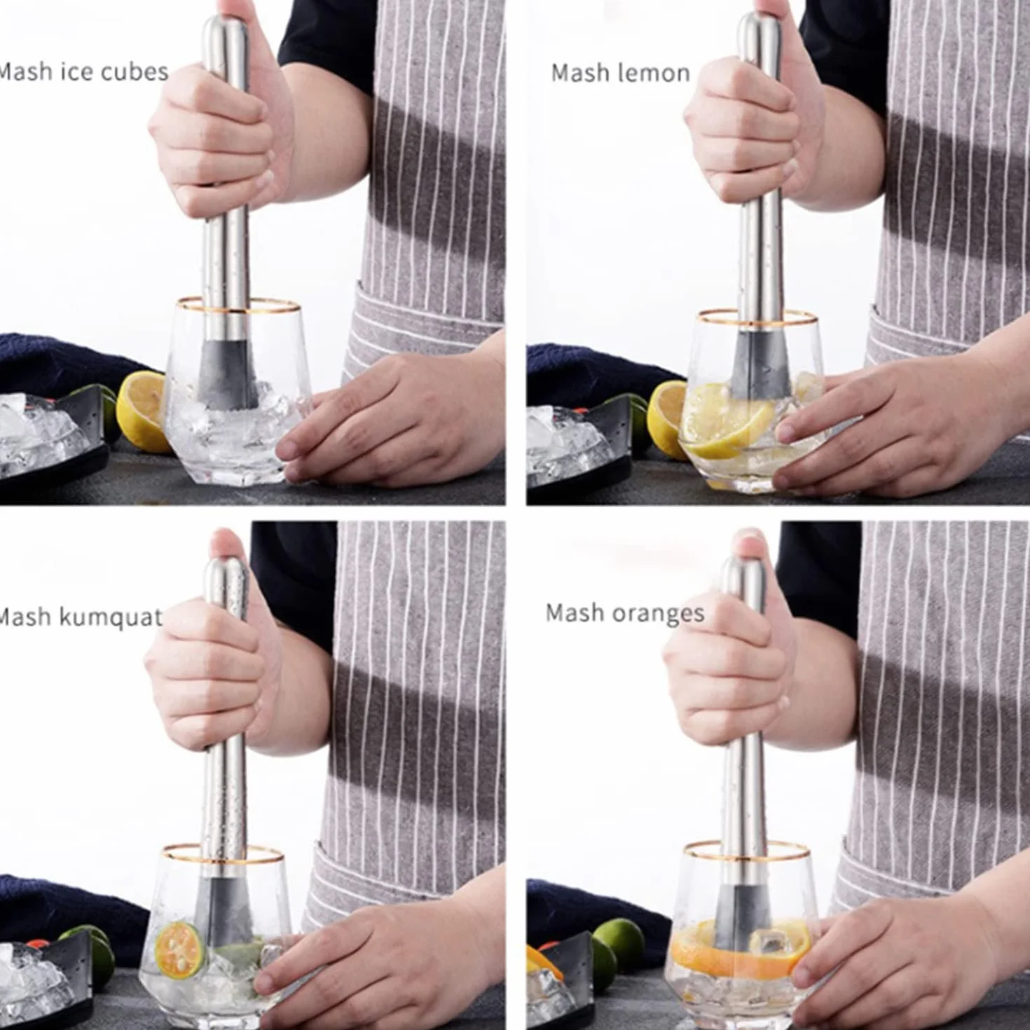 Pestello da cocktail professionale, in acciaio inox, per il debug di deliziosi cocktail, bevande e succhi di frutta (20 cm)