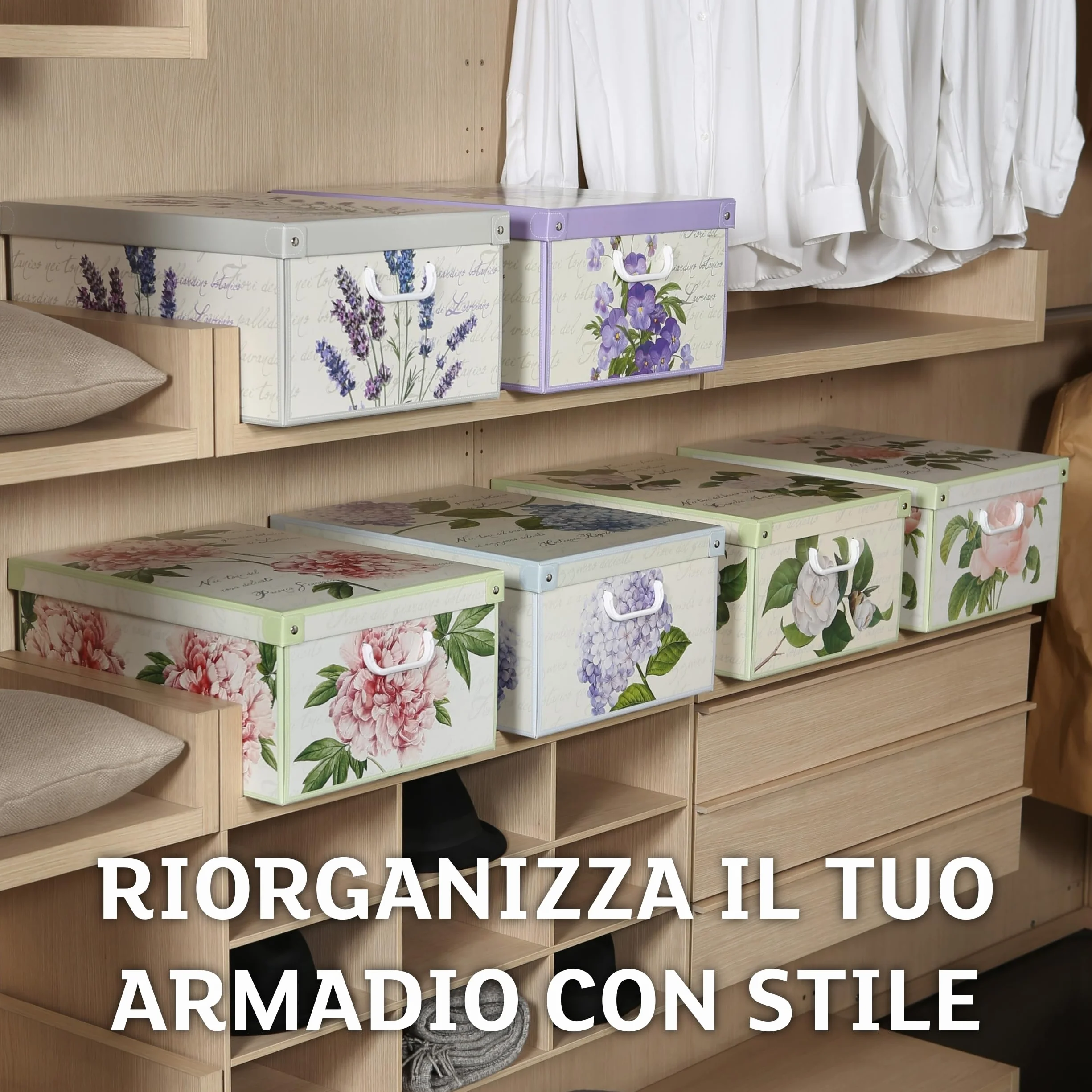 Lavatelli Set 6 Scatole armadio cartone floreali 39x50x24 cm Organizer salvaspazio