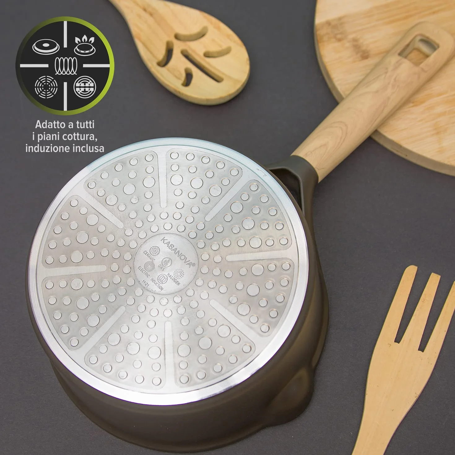 KASANOVA Casseruola Antiaderente vari colori Pot Art con Coperchio Innovativo, casseruola induzione, Ottimale per Stufati e Cotture Lente (Nero, 18 Cm)