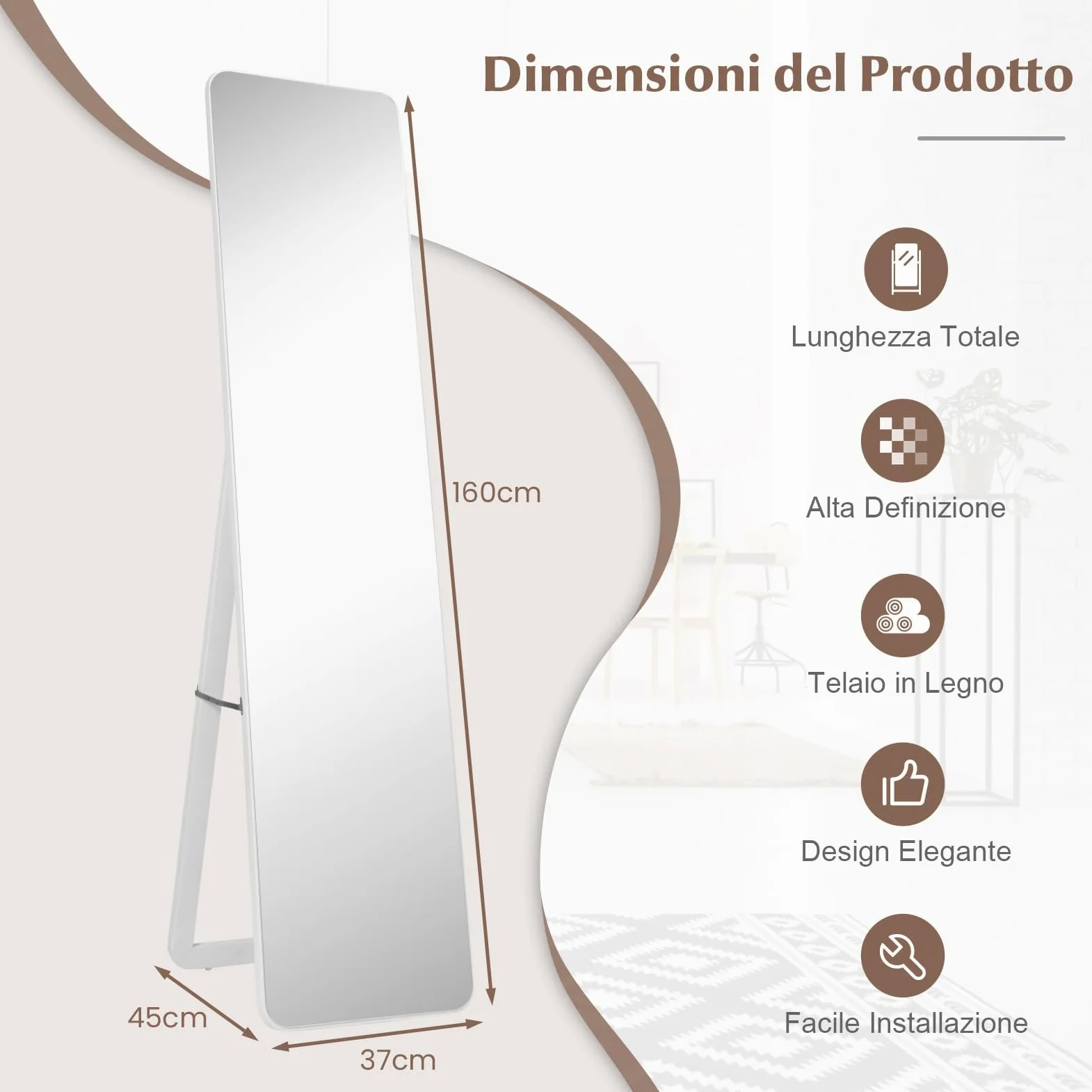 COSTWAY Specchiera da Terra Autoportante a Figura Intera, Specchio Rettangolare, Angolo Regolabile, 2 Metodi di Installazione, Bianco 160x37cm