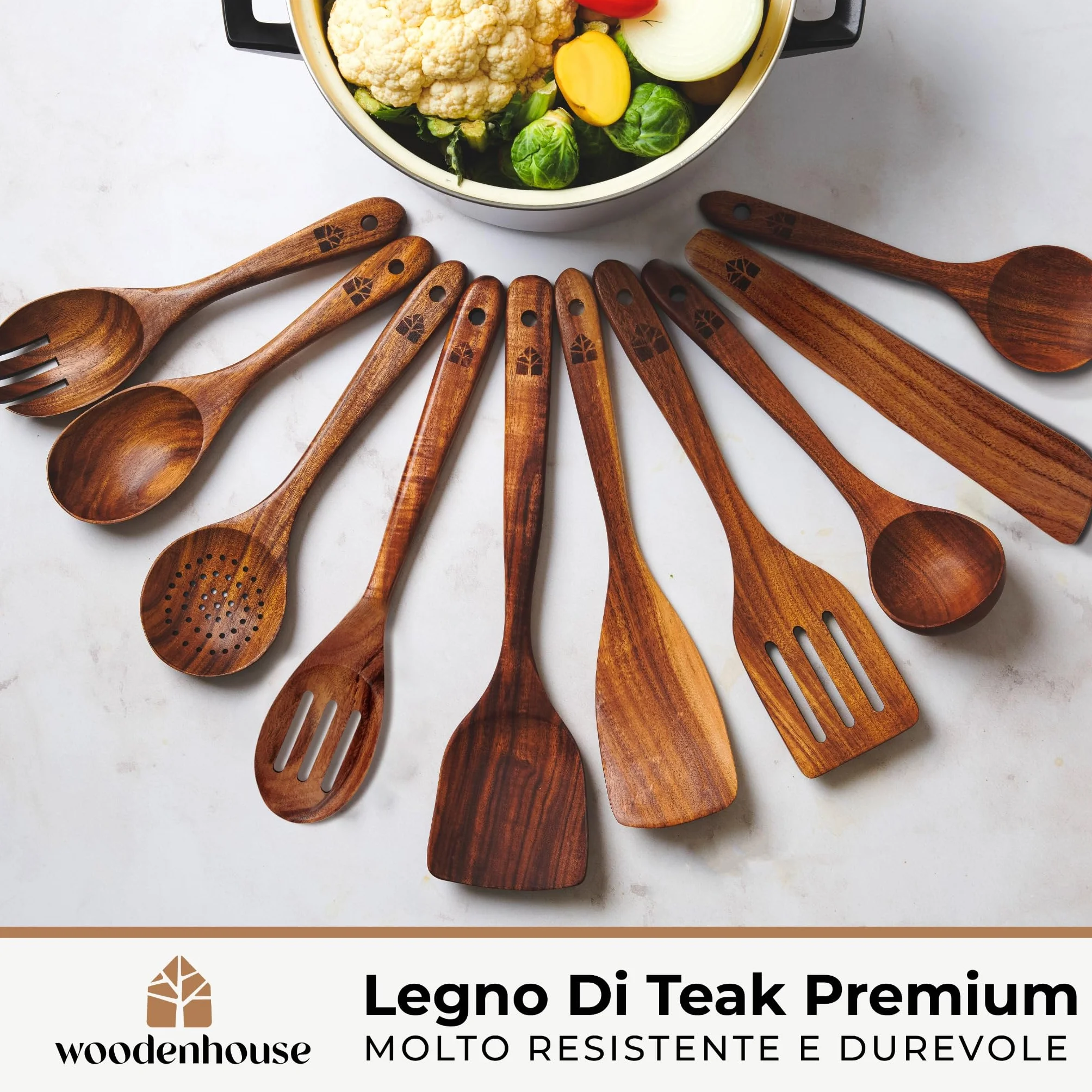 Woodenhouse - Set di 12 Pezzi di Utensili da Cucina in Legno di Teak con Supporto, Porta Cucchiaio e Ganci Nonstick