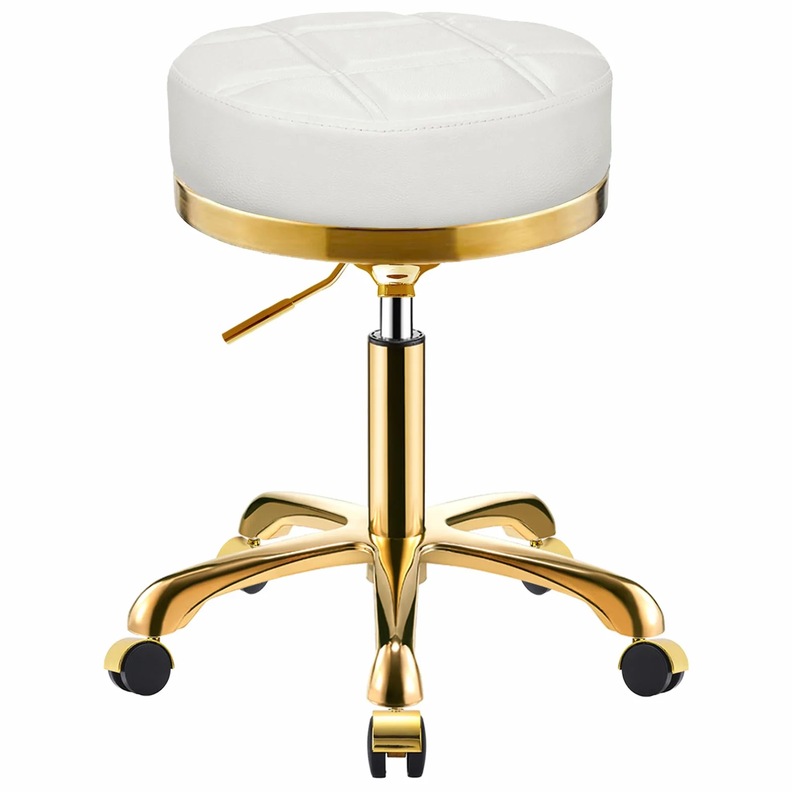 Sgabello con Ruote Dorato, Rotonda Girevole Sedia con Rotelle Pelle PU, Sgabelli per Toeletta Trucco, Ufficio e Estetista, Regolabile Altezza da 45 a 58 cm (Bianco, Senza Schienale)