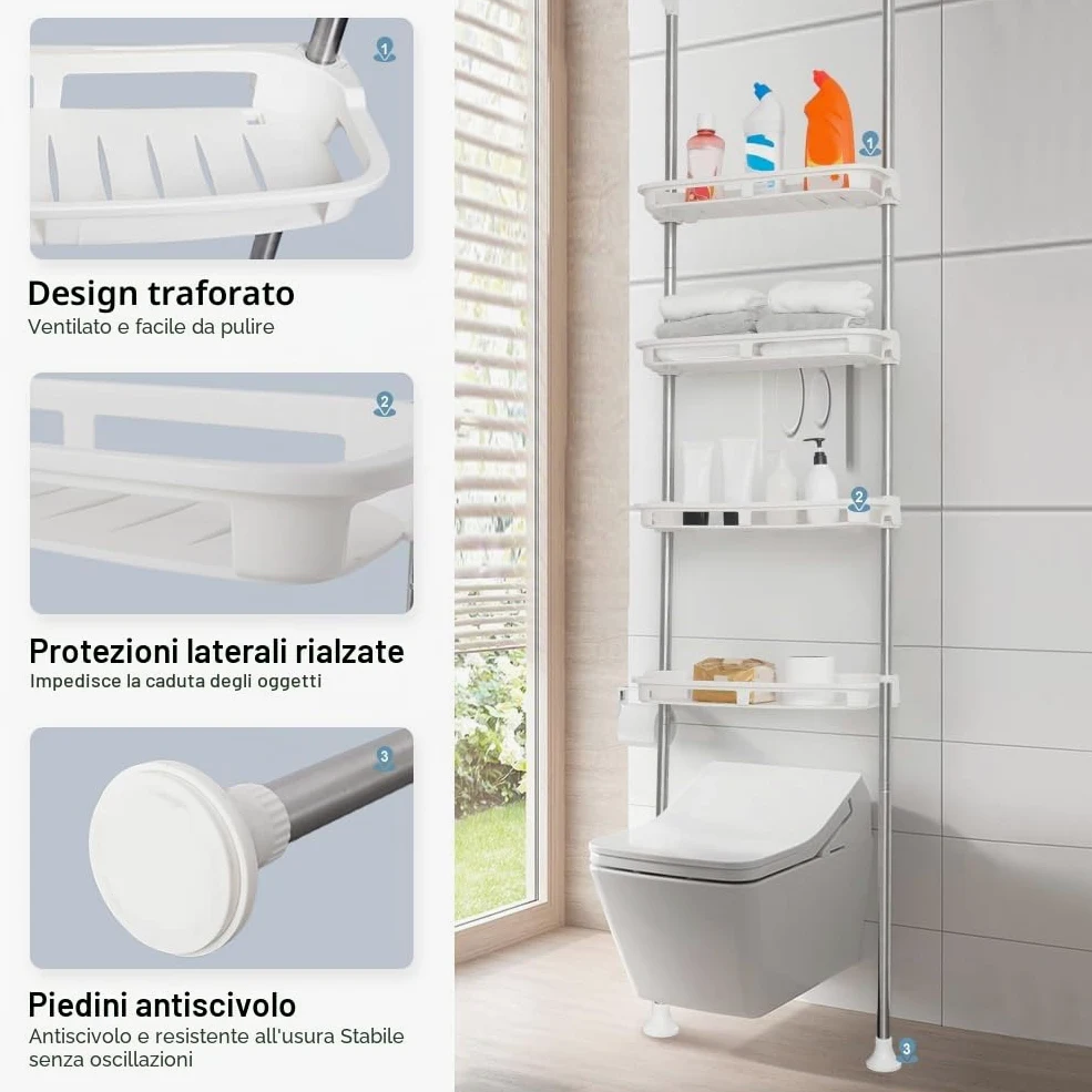 BAOYOUNI Scaffale Telescopico con 4 Cestelli, Mensola Portaoggetti sopra Toilette, Scaffalatura Salvaspazio per Bagno, Lavanderia, Camera da Letto, Ufficio o Cucina, Regolabili in Altezza, Avorio