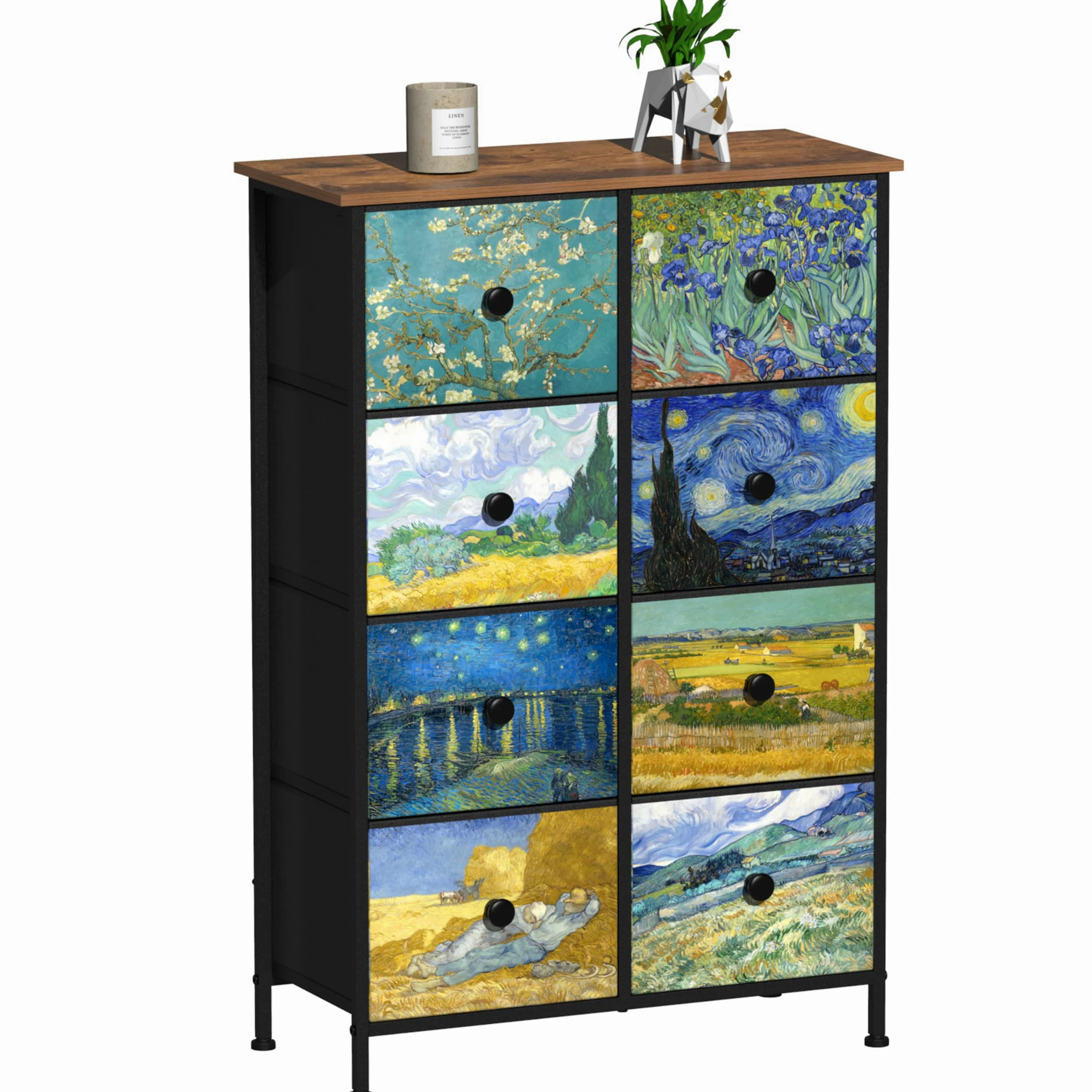 VEDECASA - Cassettiera sottile, alta, con 8 cassetti , motivo Van Gogh, per cameretta dei bambini, soggiorno, corridoio, camera da letto, ufficio, struttura in metallo e pannello in legno