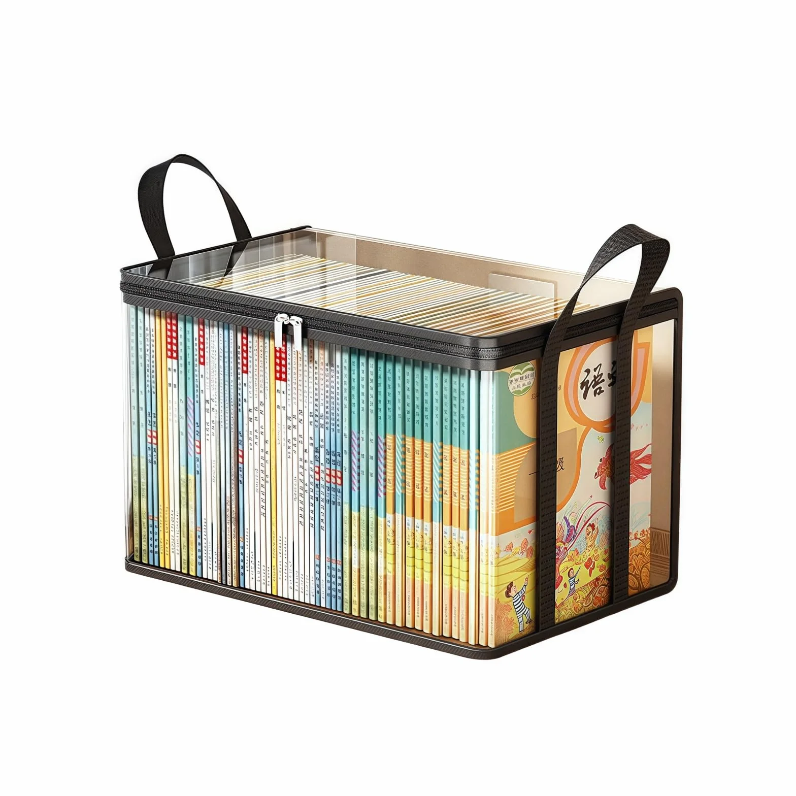 Borsa trasparente con manico, organizer con cerniera per traslochi, libri, CD, DVD, resistente, confezione da 2 (grande e piccola) (nero)