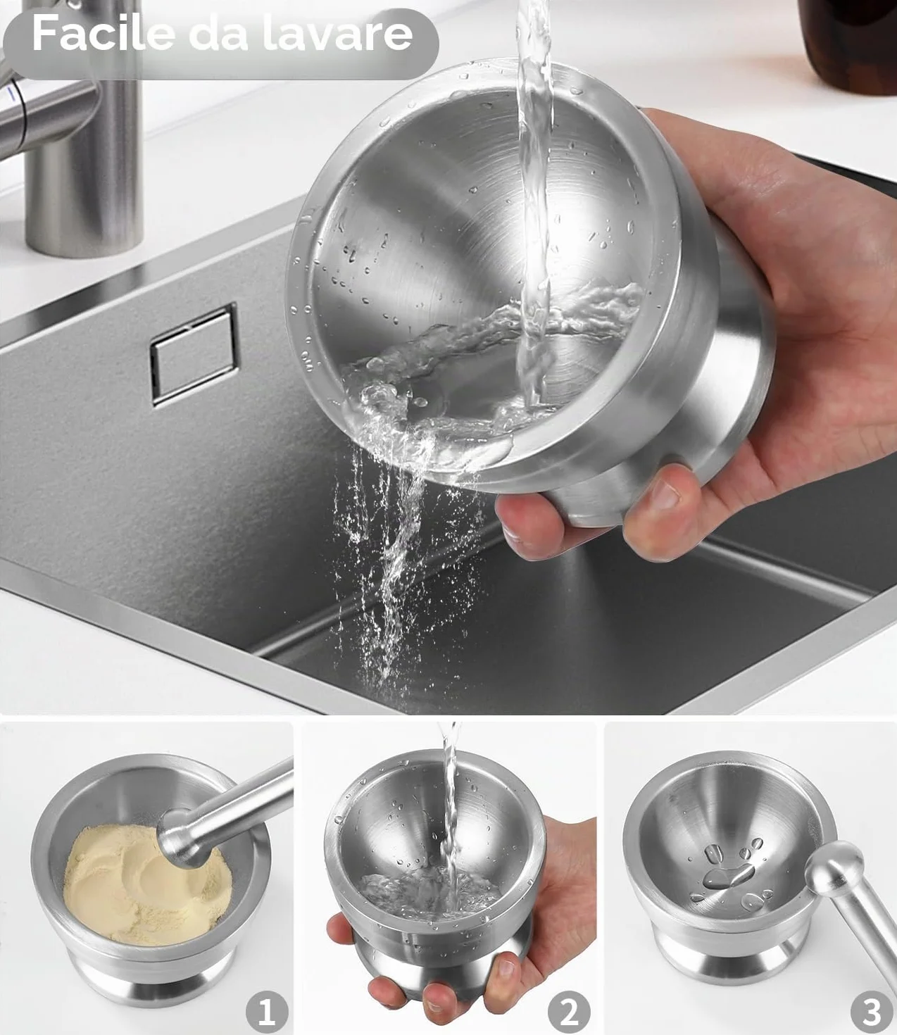 Set di Mortaio con Pestello da 350 ml in Acciaio Inox con Spazzola, Cucchiaio e Coperchio in Silicone, Macinino per Spezie di Qualità Superiore, Frantumatore e Ciotola per la Vaniglia