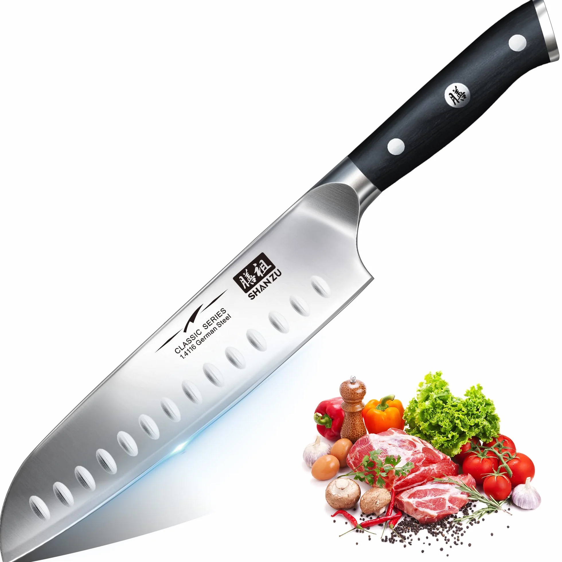 SHAN ZU Coltello da Chef Santoku 18 cm Acciaio Inox German 3 Strati Manico Pakkawood
