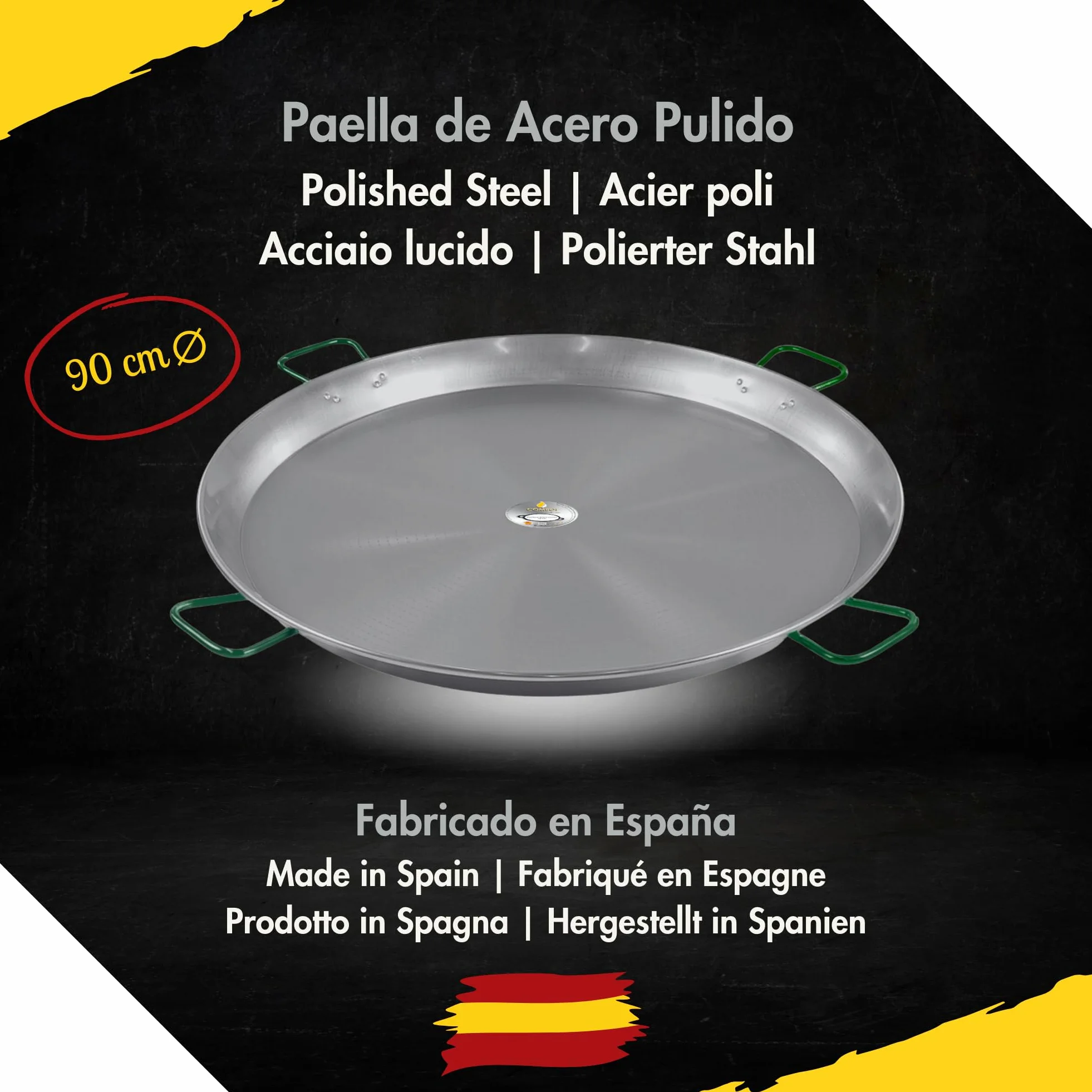 Comboi - Paellero a gas butano 70 cm, Kit Bruciatore Paellera in Acciaio Lucidato 90 cm, Supporto con Gambe Rinforzate, Livello, Grembiule, Libro di Ricette Digitale