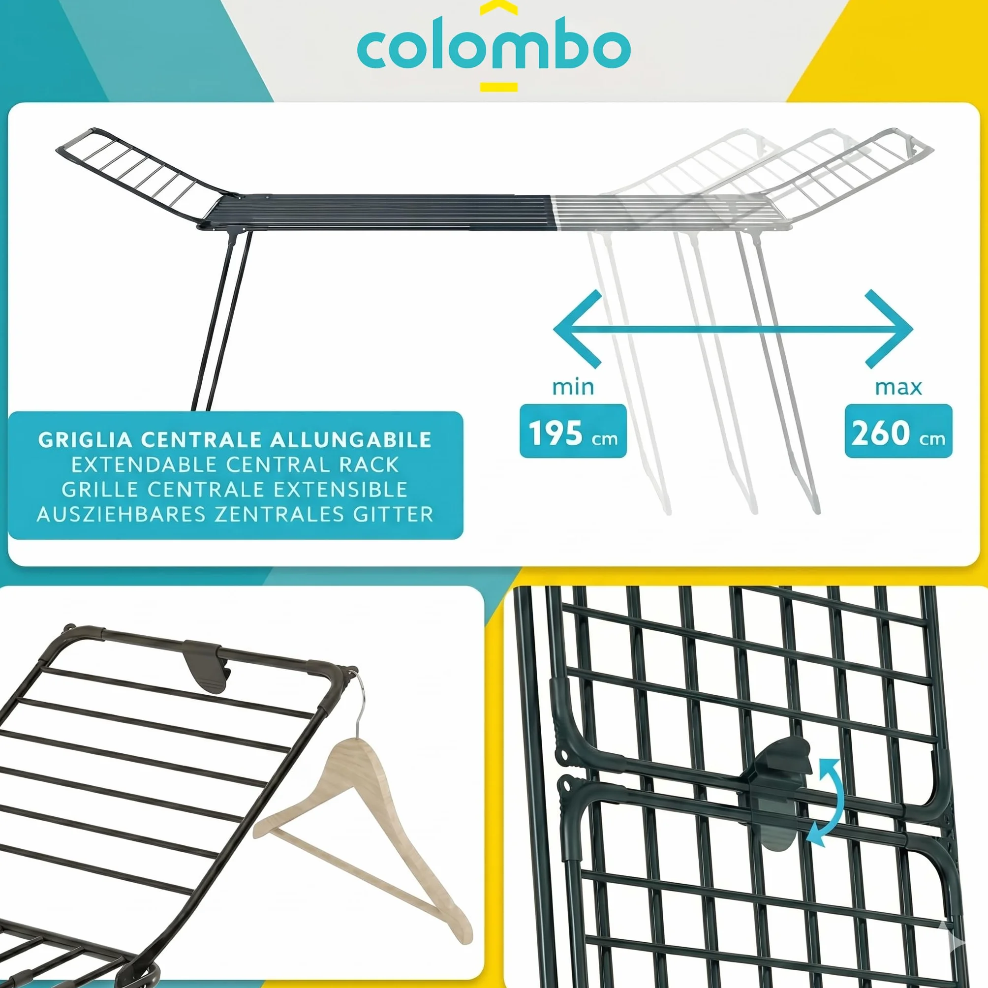 Colombo Stendibiancheria Estensibile Brooklyn XXL 195-260 cm Acciaio Antiruggine Stenditura 25m