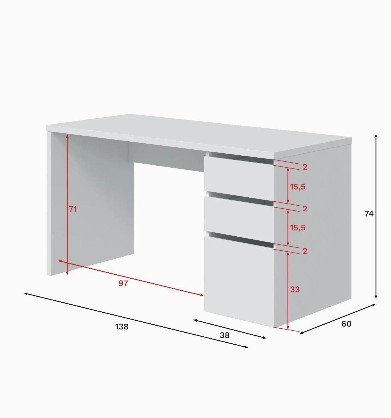 Arredo Stock Scrivania con 2 cassetti e 1 anta colore bianco, 74x138x60 cm