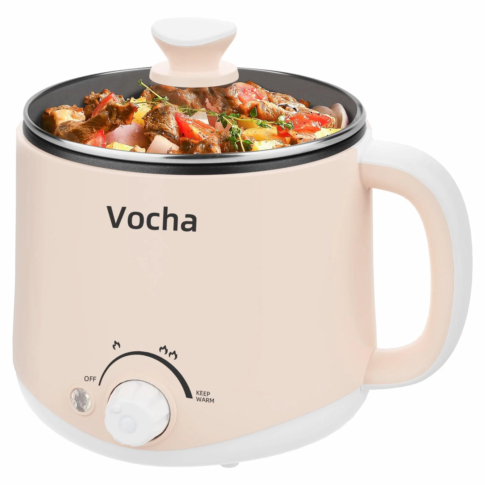 Vocha Pentola Elettrica Antiaderente 1,6L con Keep Warm, Fornello da Viaggio Portatile, Multi-Cottura, Beige