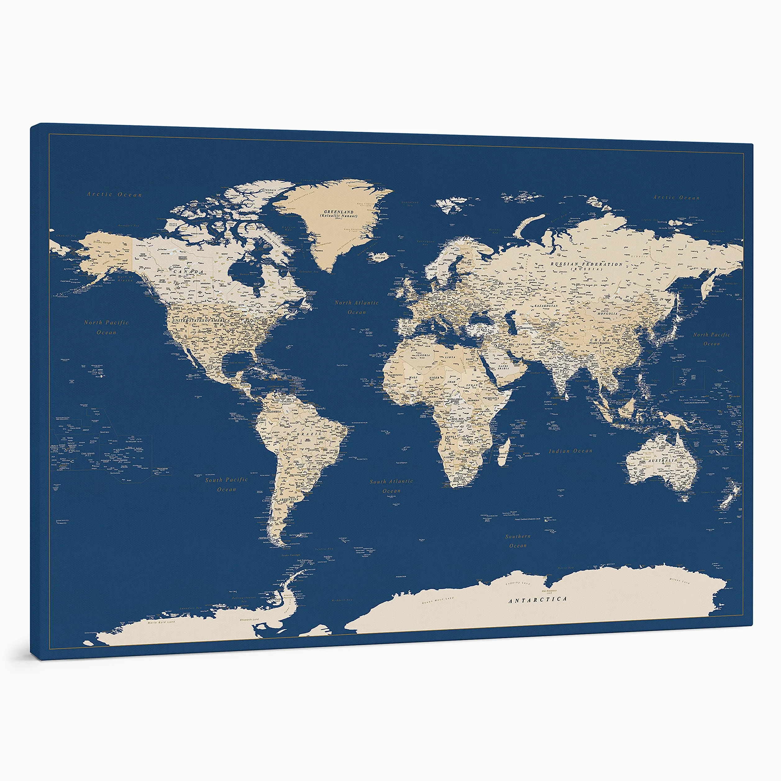 Trip Map Planisfero da Parete – Mappa del mondo - Quadro su tela incorniciato con 100 puntine incluse – Cartina geografica mondo in Blu Scuro - 3 dimensioni