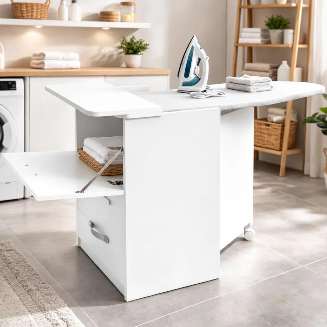 Linea Azzurra Mobile con Asse da Stiro Pieghevole Mobile da Stiro in Legno Nobilitato Melaminico 89x57x44 cm con Cassetti Contenitori e Ruote Made in Italy