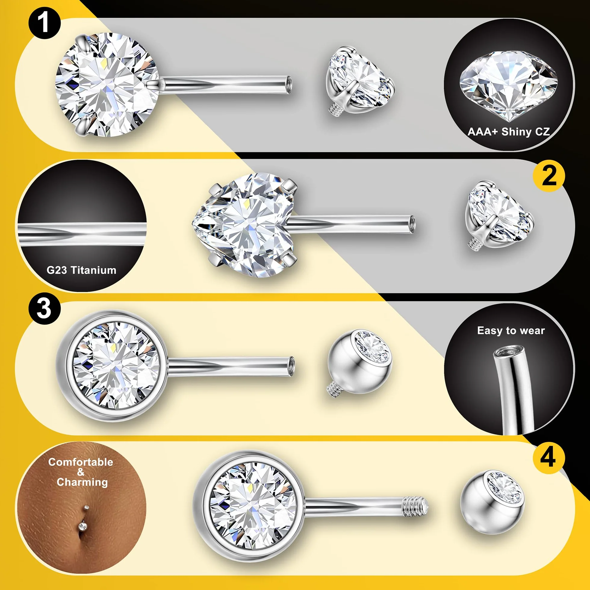 Diamday Piercing Ombelico G23 Titanio Anello 14G CZ Barra Pancia Barbell Ventre Gioielli Donna Uomo 8-16mm