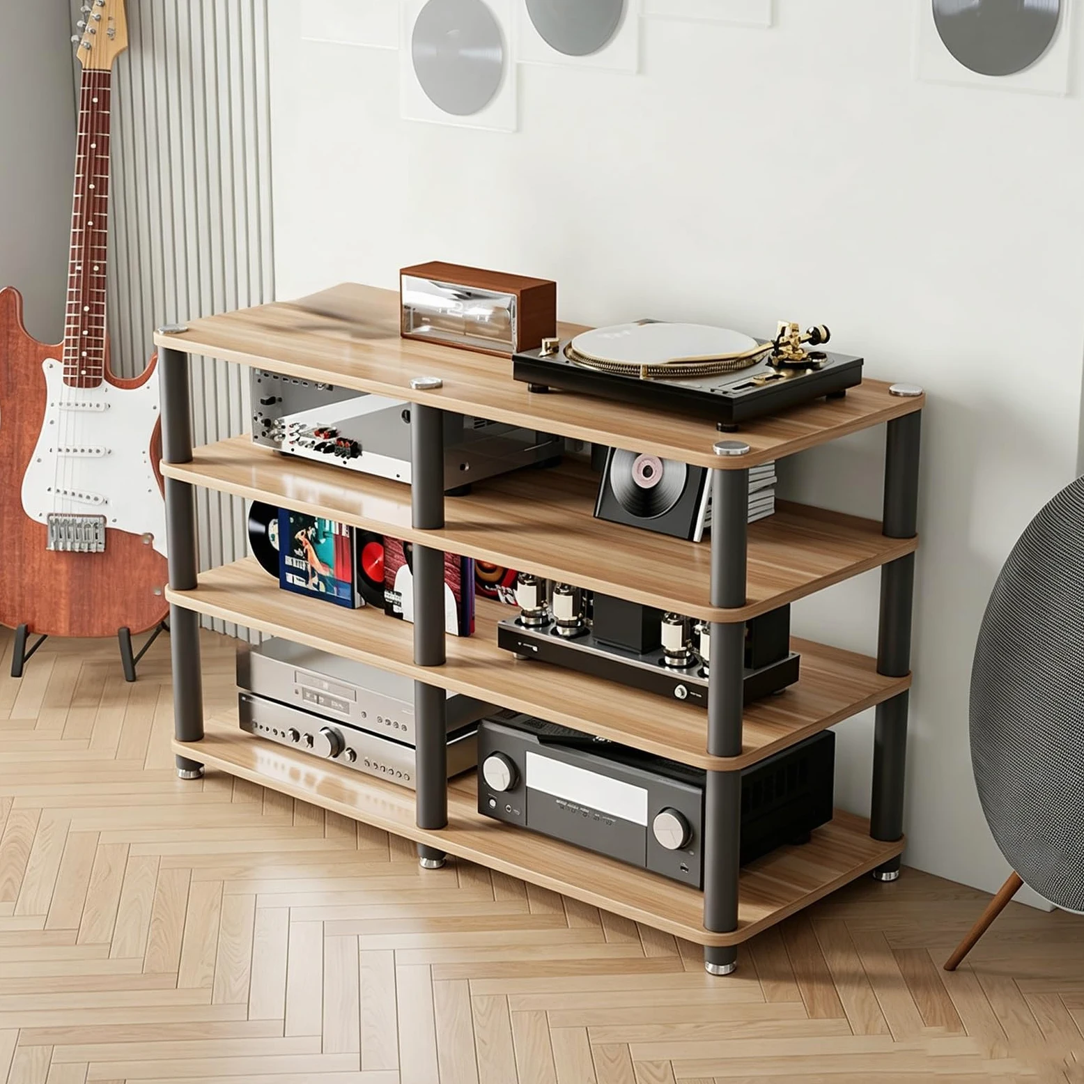 Mobile Hifi multistrato in legno massello con telaio metallico, doppia postazione Giradischi e per, funzionale Vinili per apparecchi audio domestici home theater