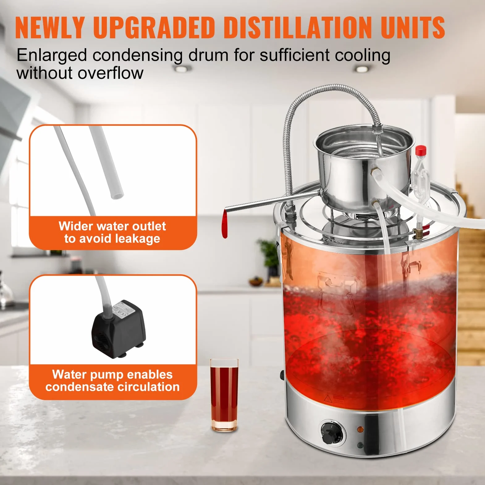 VEVOR Kit di Distillatore Elettrico Alcol in Acciaio Inox Capienza 30L Potenza Nominale 1800W con Pompa dell'Acqua Potenza 6,8-8W, Alambicco Distillatore in Acciaio Inox Uso Alimentare Acqua Alcol