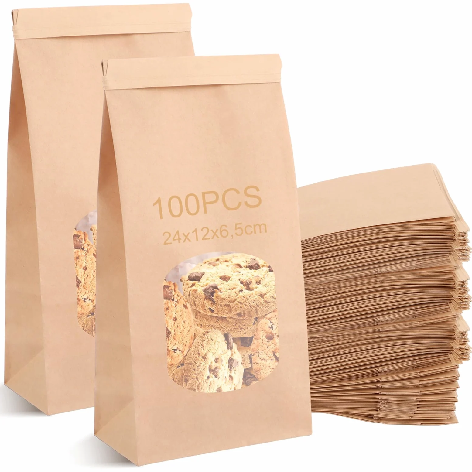 YAYODS 100 sacchetti di carta con finestra, 24 x 12 x 6,5 cm, sacchetti di carta kraft piccoli, sacchetti di carta marrone con chiusura, per biscotti, toast, panini, caramelle, chicchi di caffè