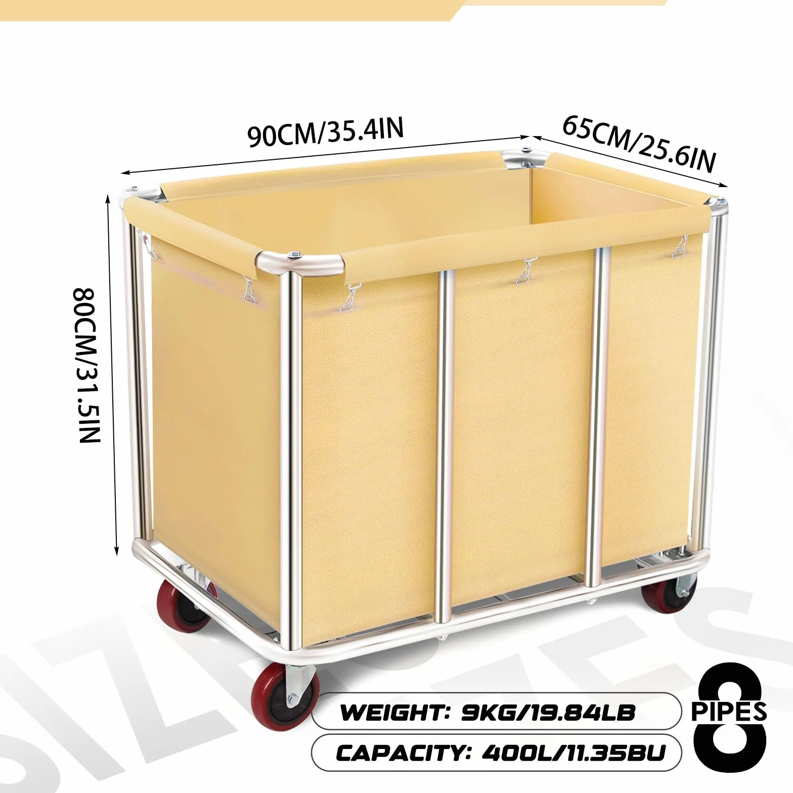 Carrello per lavanderia pesante commerciale, grande carrello portaoggetti in acciaio inox con ruote, cesti di rotolamento, camion con fodera rimovibile in tela per Lndustrial/Home 400L