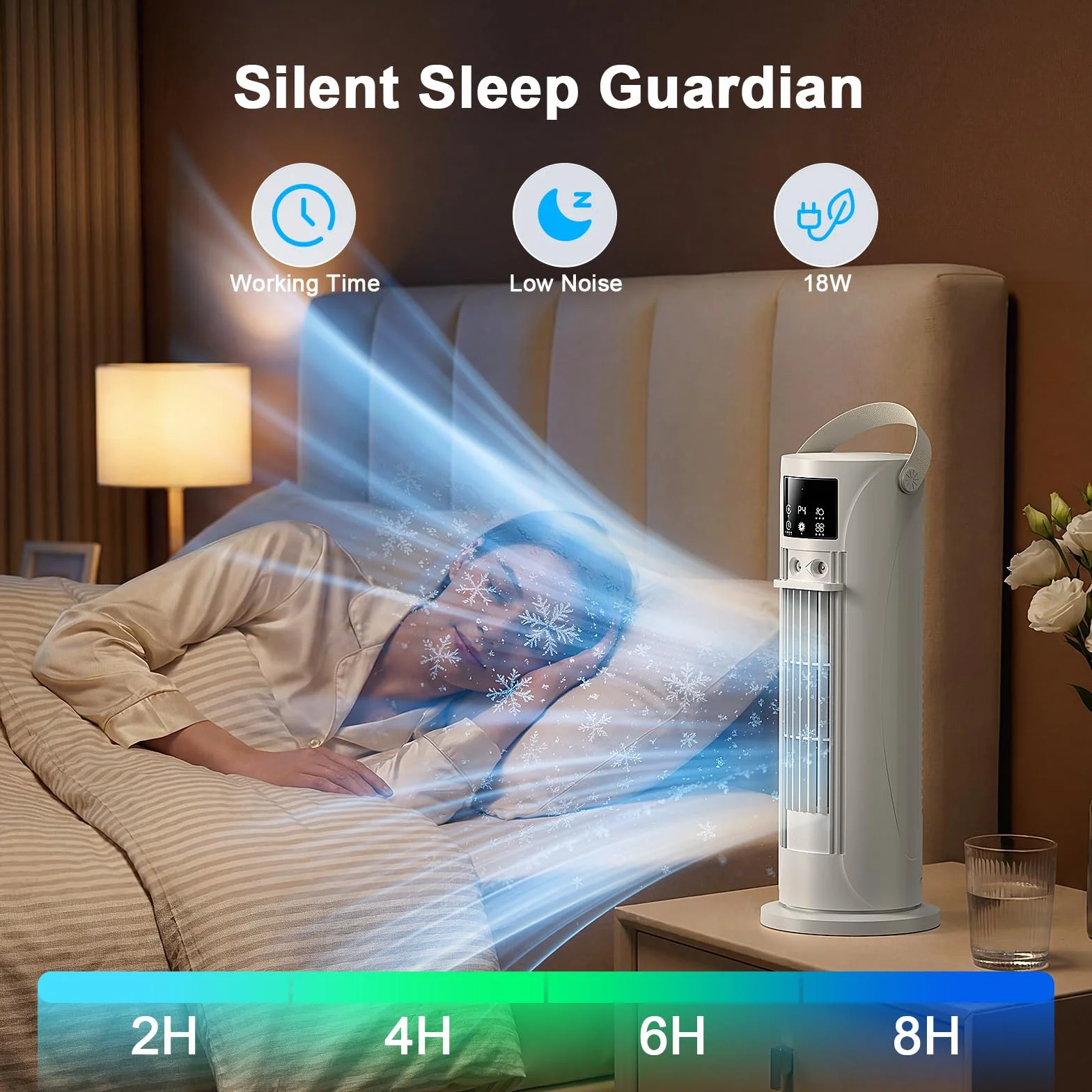 Condizionatore Portatile Modalità Tempesta,Raffrescatore Aria 4 in 1 Silenzioso 28dB, Ventilatore Senza Pale,Oscillazione 120°, Doppia Nebbiatura Anti-perdita 750mL, Timer 8H per Casa Ufficio (Bianco)