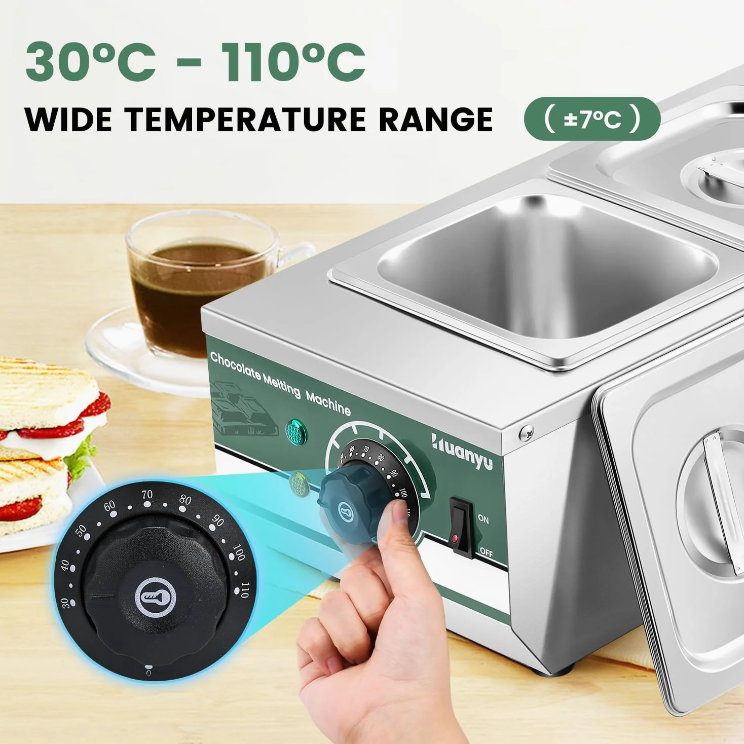 Huanyu cioccolato temperamento macchina con 2 vasche 30 ℃-110 ℃ cioccolato macchina di fusione 800W commerciale cioccolato Melter acqua riscaldamento cioccolato pentola di fusione