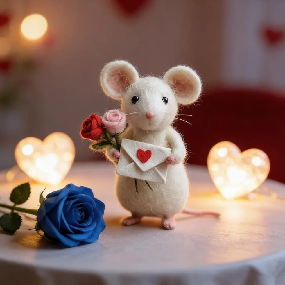 Topolino infeltrito ad ago, regalo di San Valentino, affascinante statuetta di topi in feltro fatti a mano, ornamento per topi in feltro a più livelli, decorazione da tavolo, per decorazioni