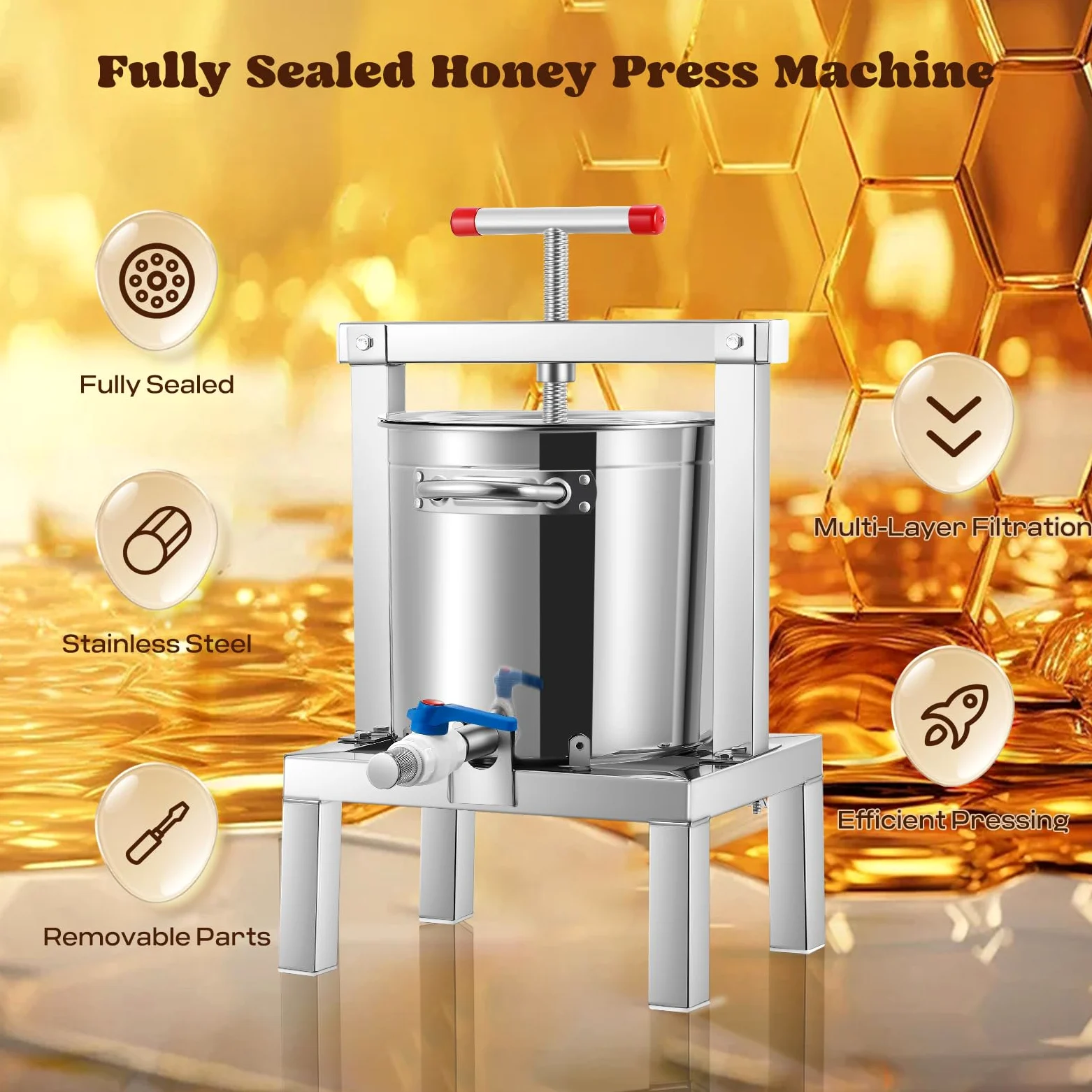 Moongiantgo 10l Pressa Manuale per Miele, Torchio per Frutta E Vino in Acciaio Inossidabile Con Manico a T, Completamente Chiuso, Multipla Filtrazione, Per Miele, Succo, Vino, Sidro, Apicoltura (10L)