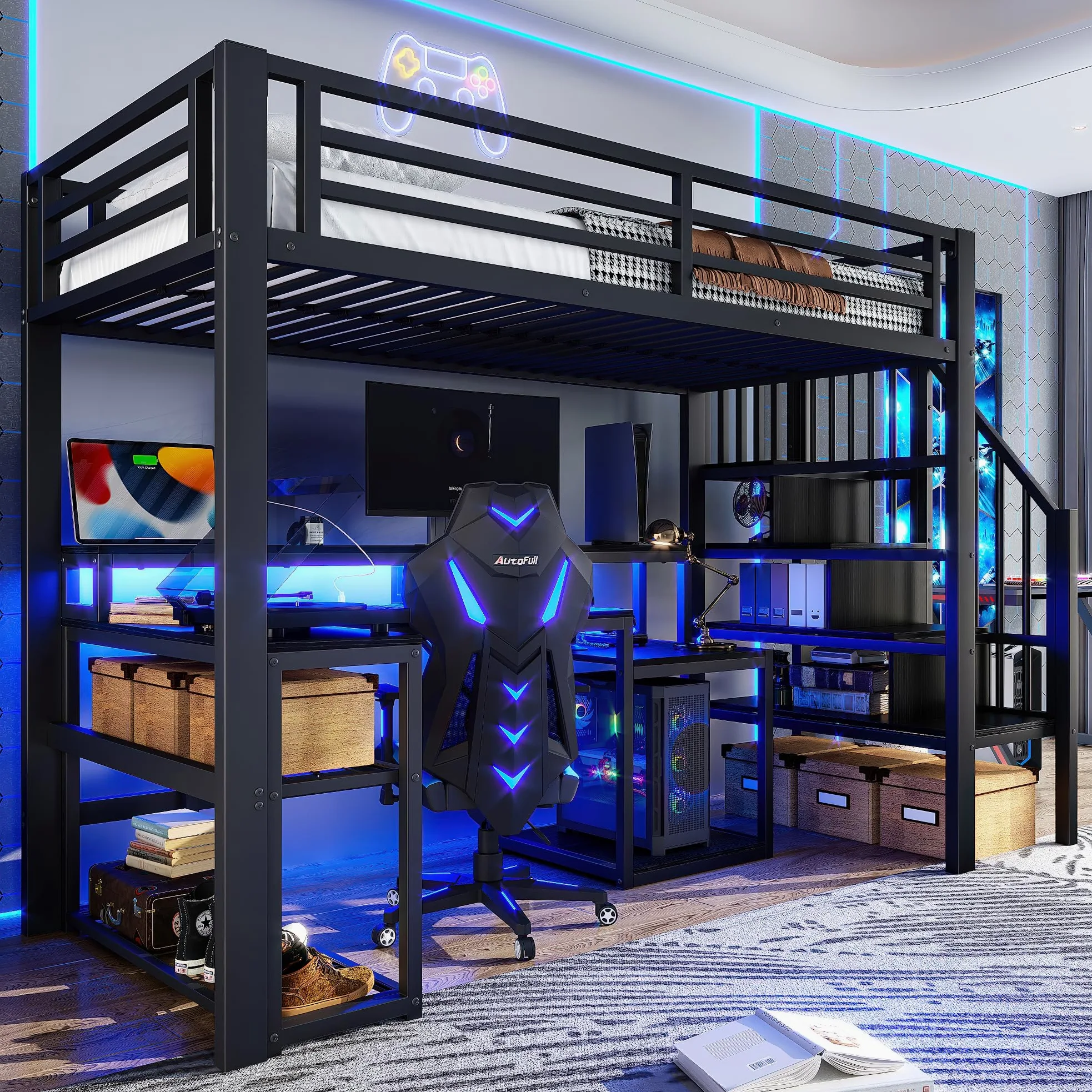 Lubvtti Letto a soppalco in ferro 90 x 200 con luminosa a LED,scrivania,porta USB,vano contenitore,scala con spazio contenitore,letto a castello per bambini,struttura letto per bambini,Nero