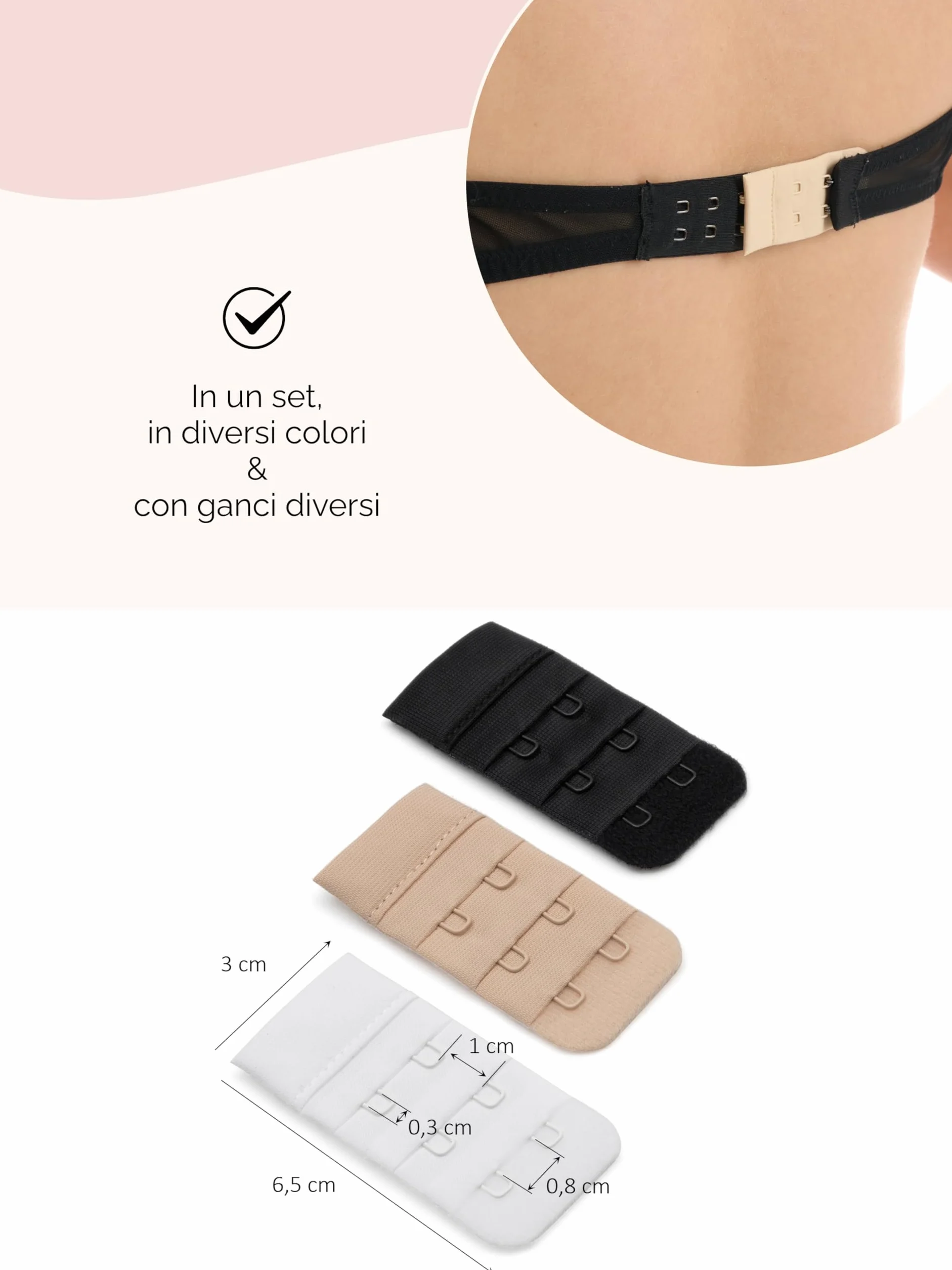 Herzmutter Extension Reggiseno OEKO TEX 100 - Estensione Reggiseno 6 Pezzi, 2/3 Ganci - Prolunga Regolabile per Donna, Beige/Nero/Bianco - 9000