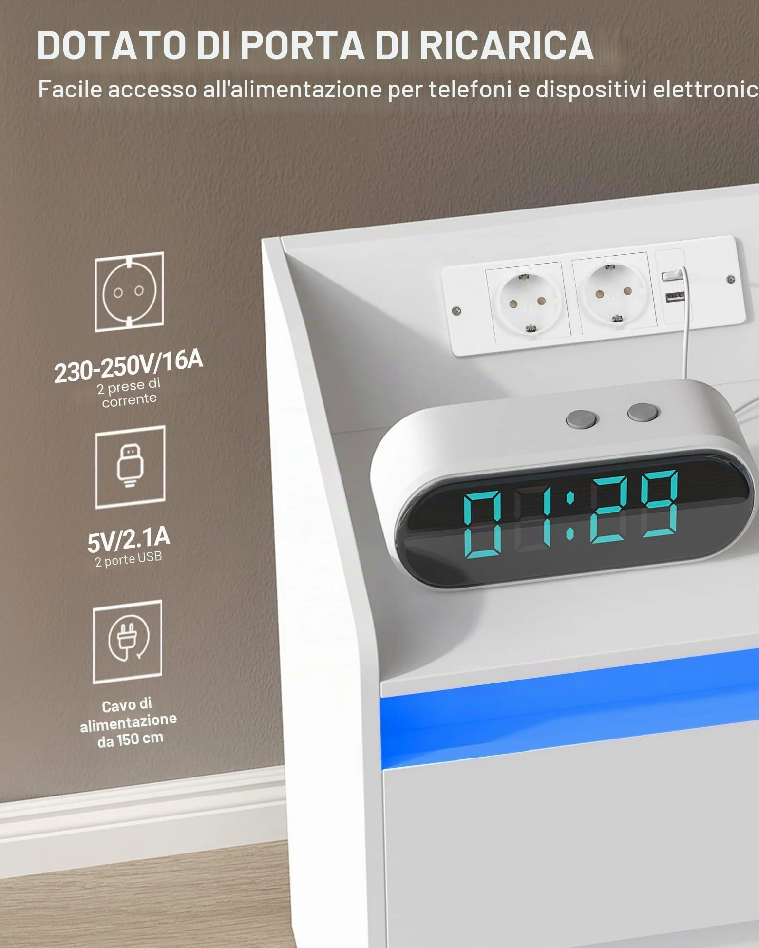Hzuaneri Comodini set di 2,Luci a LED, Stazione di Ricarica e 2 Cassetti | Tavolino da Notte con Porte USB e Prese di Corrente, Ideale per Soggiorno e Camera da Letto, Bianco NS30103X