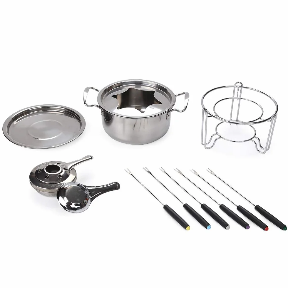 Set Fonduta Formaggio Acciaio Inox 6 Persone Fondue Bourguignonne con Forchette Bruciatori Argento