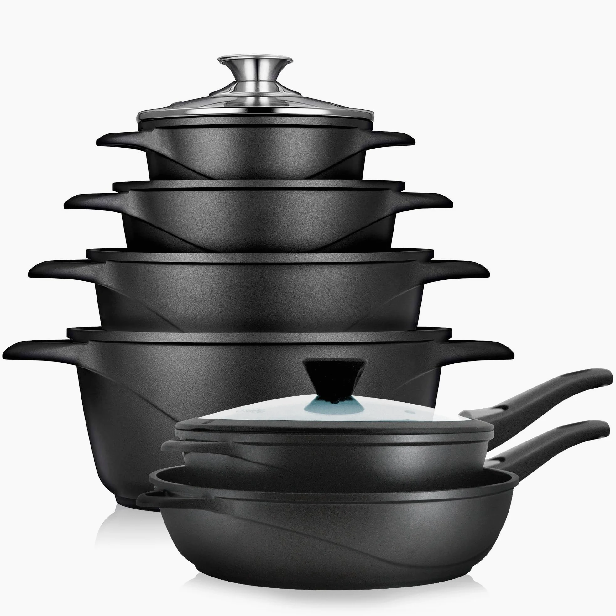 briebe Batteria da Cucina Induzione 12 Pezzi, set di 4 Pentole in Alluminio Fuso + 2 Padelle, Antiaderente ILAG GRANITEC senza PFOA, Coperchi in Vetro, Guanti in Silicone, Vetroceramica, Gas, Forno
