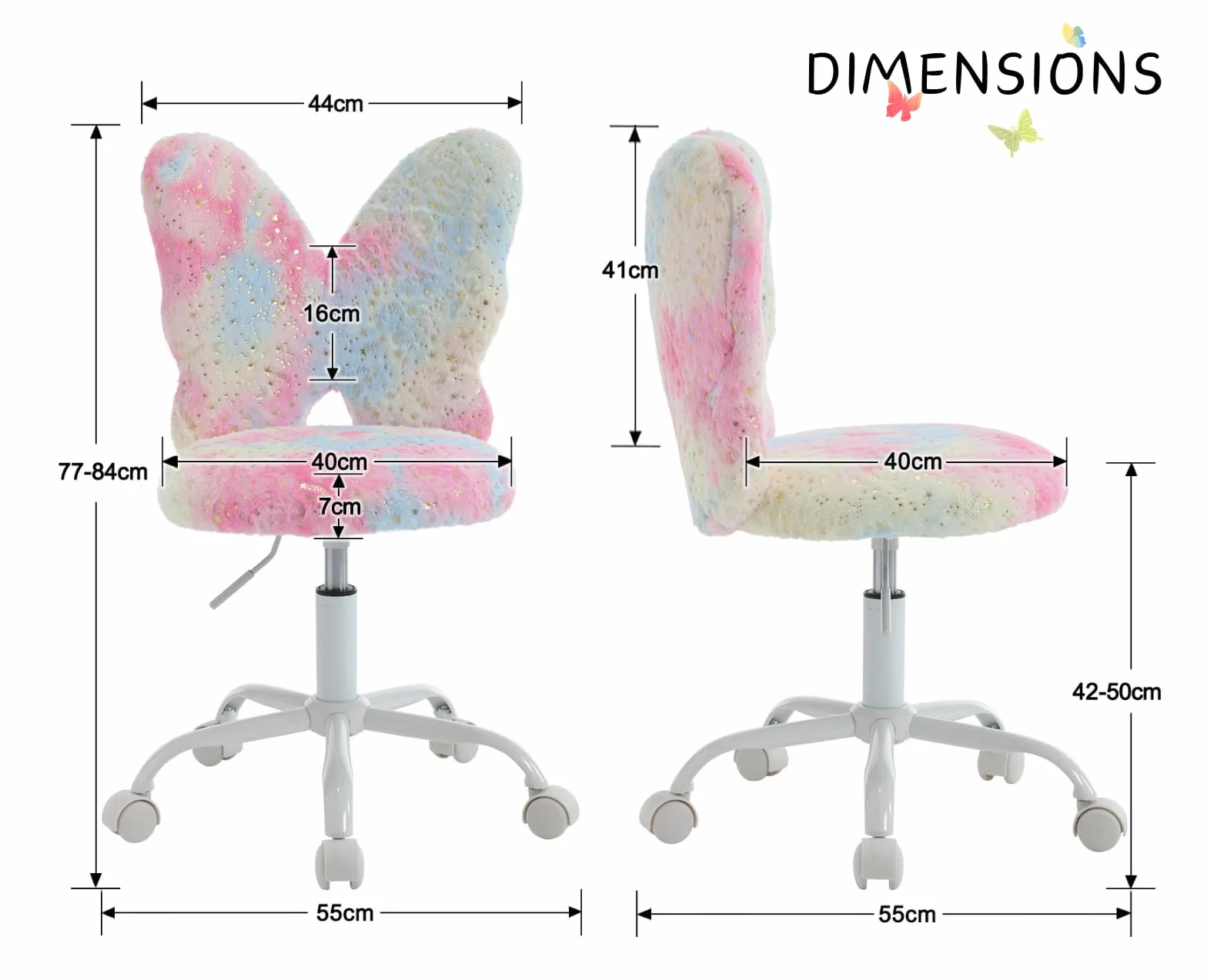 chairus Sedia Scrivania Bambina a Forma di Farfalla, Rosa | Sedia da ufficio per Bambini in Pelliccia Sintetica con Seduta Girevole Poltrona Altezza Regolabile per Studenti