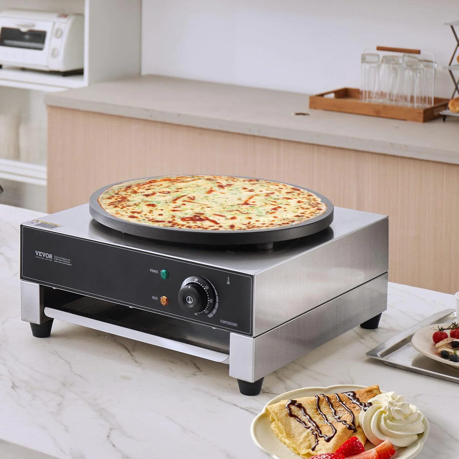 VEVOR Crepiera Elettrica Macchina per Crepes Commerciale 406 mm Piastra Piana 1700 W Acciaio Inox Antiaderente