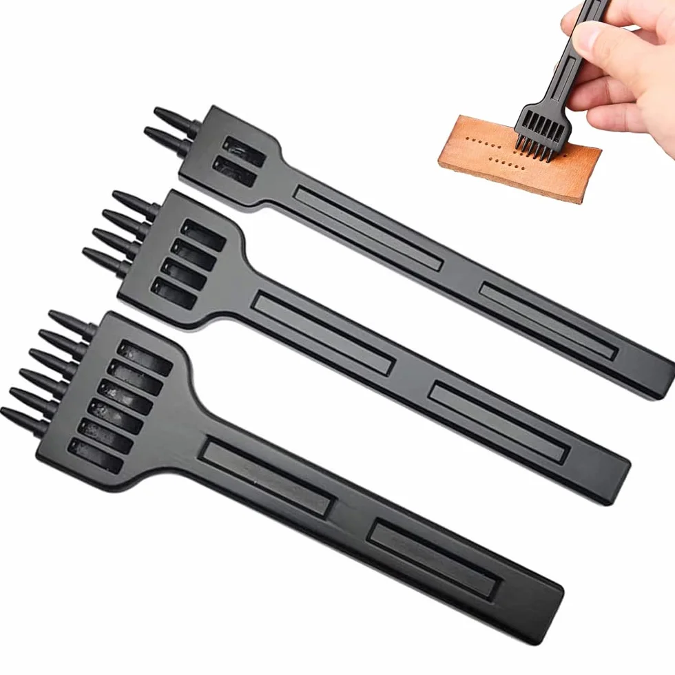 Scalpelli Set di Cuoio, 3 Pezzi Pugno Acciaio, Punzoni in Pelle, Professionale DIY Metallo 2/4/6 Poli Perforazione Strumenti per Cintura, Pelle, Cinturino, Cartoncino, Gomma (5 MM)