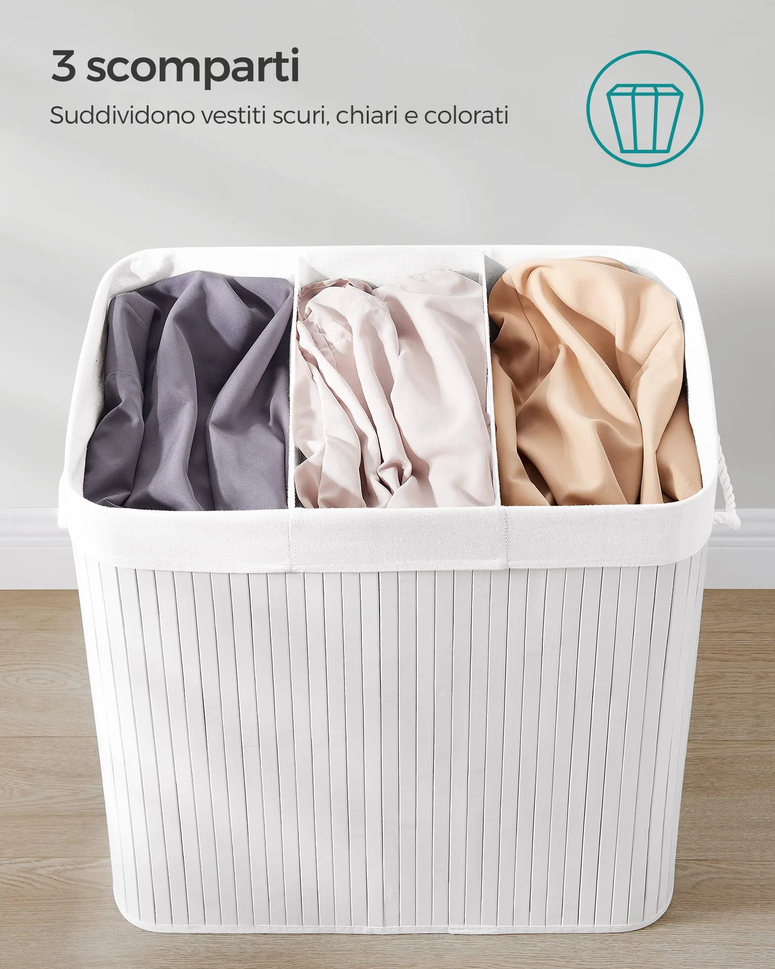 SONGMICS Cesto Portabiancheria, 150 L, Cesta Biancheria a 3 Scomparti in Bambù Coperchio, Maniglie, Pieghevole, Sacco Rimovibile e Lavabile in Lavatrice, Lavanderia, Casa, Bagno, Bianco LCB091W01