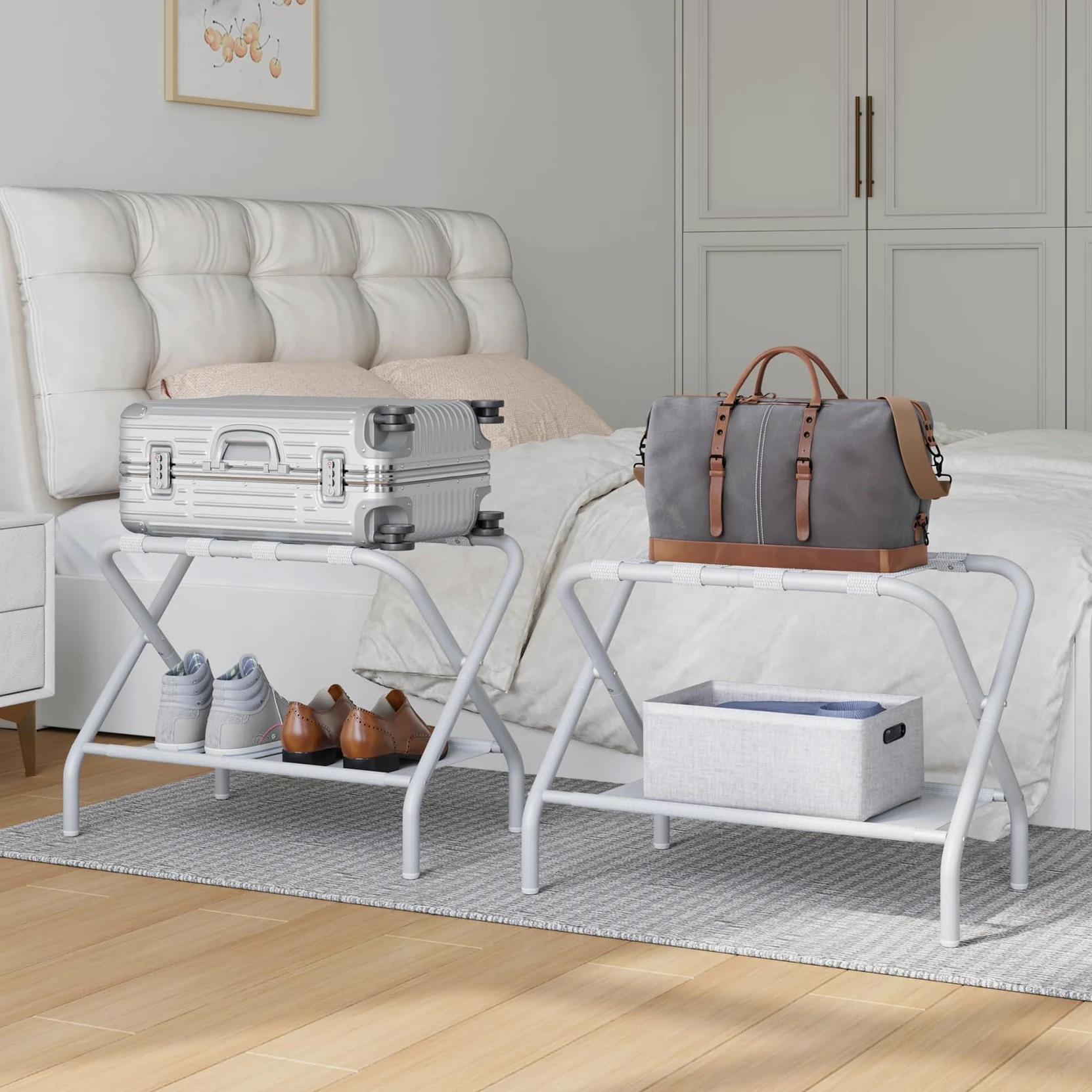 Smart FENDEE Confezione da 2 supporti pieghevoli per valigie con ripiano in tessuto, in acciaio, portatile, per camera degli ospiti, camera da letto, hotel, facile da montare, portata fino a 50 kg,