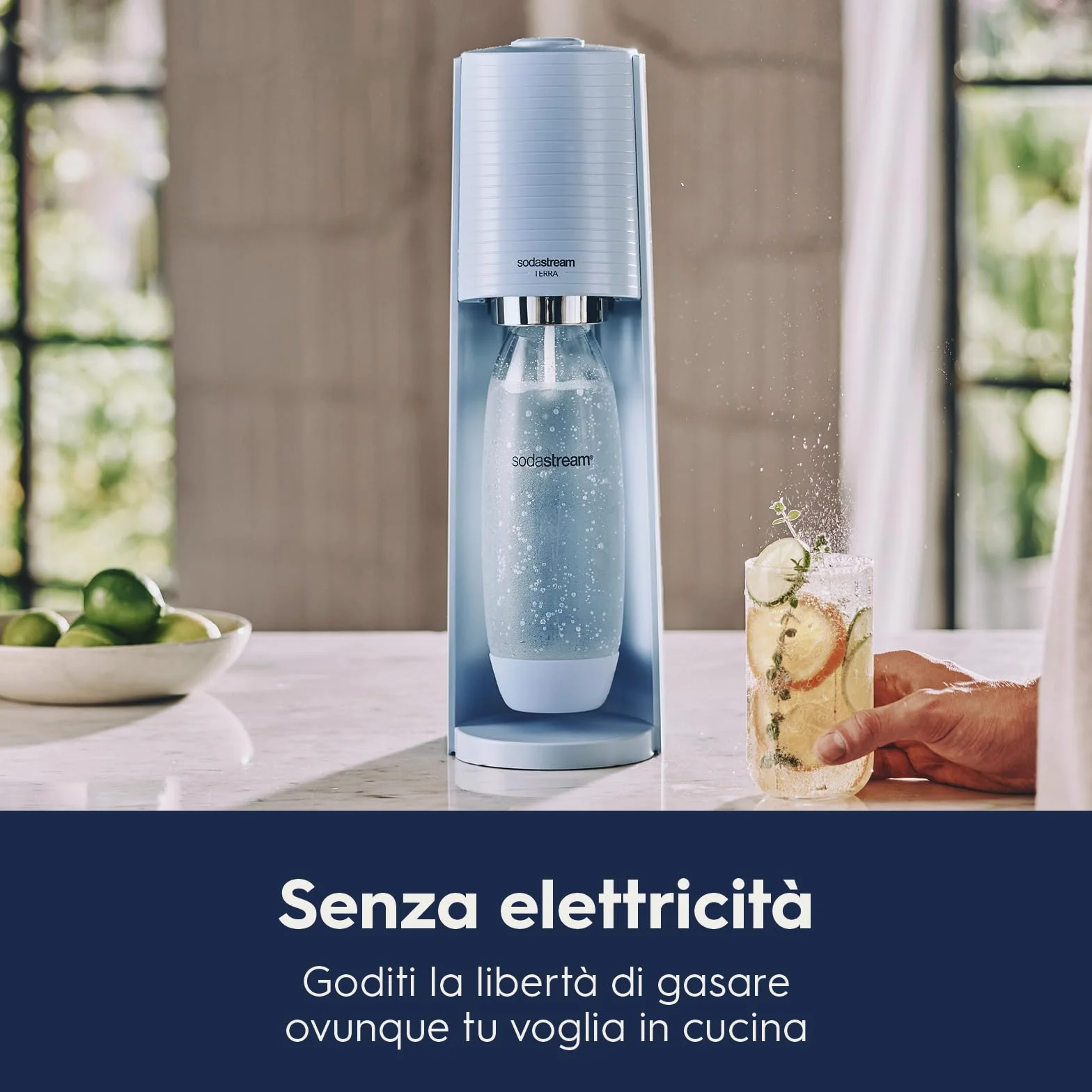 SodaStream Terra Gasatore Macchina per Acqua Frizzante con Cilindro CO2 e Bottiglia Lavabile in Lavastoviglie, Azzurro