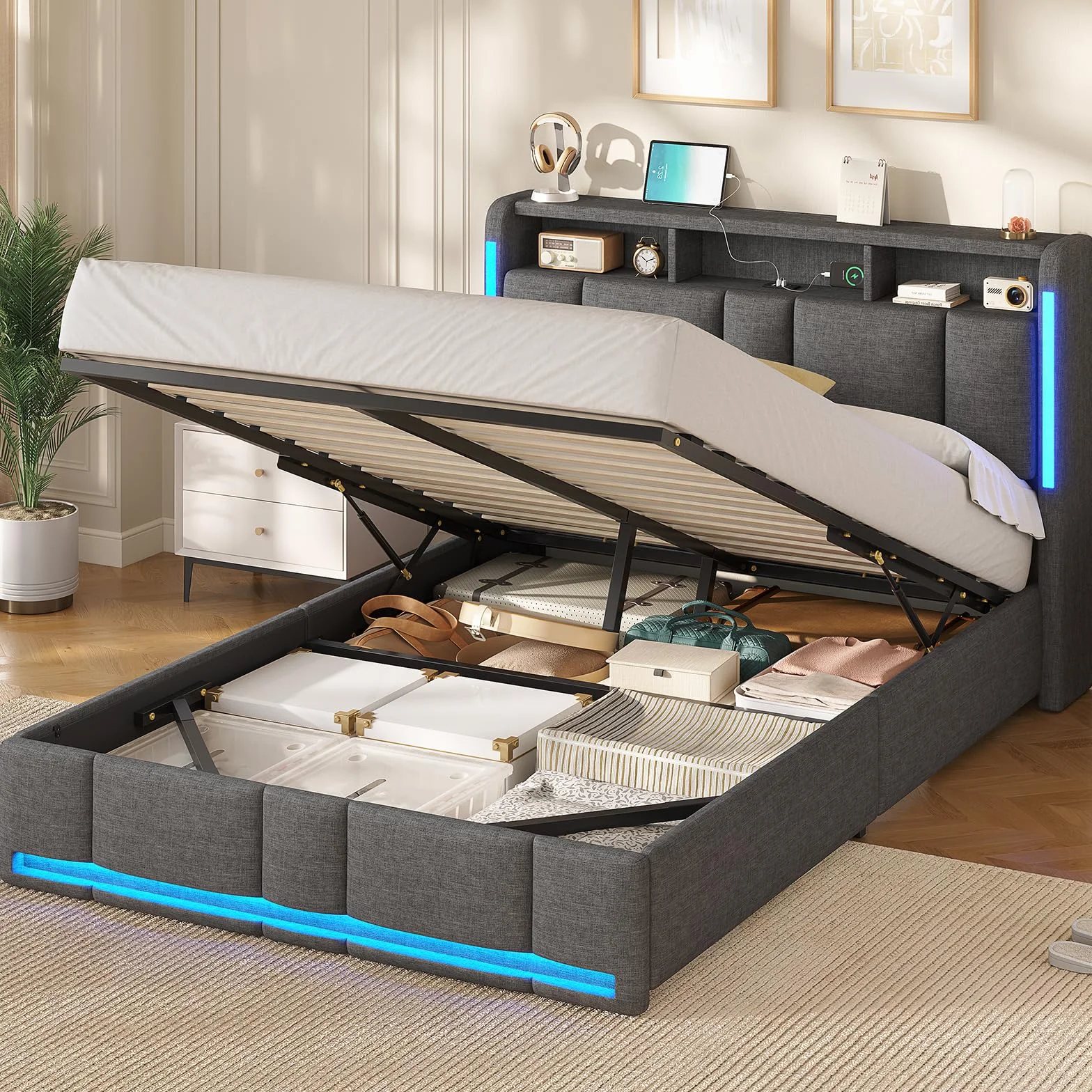 AOGLLATI Letto 140x190 cm con Sollevamento Idraulico, Letto Contenitore Matrimoniale con Illuminazione a LED e Stazione di Ricarica, Struttura Letto Matrimoniale con Testiera Imbottita, Grigio Scuro