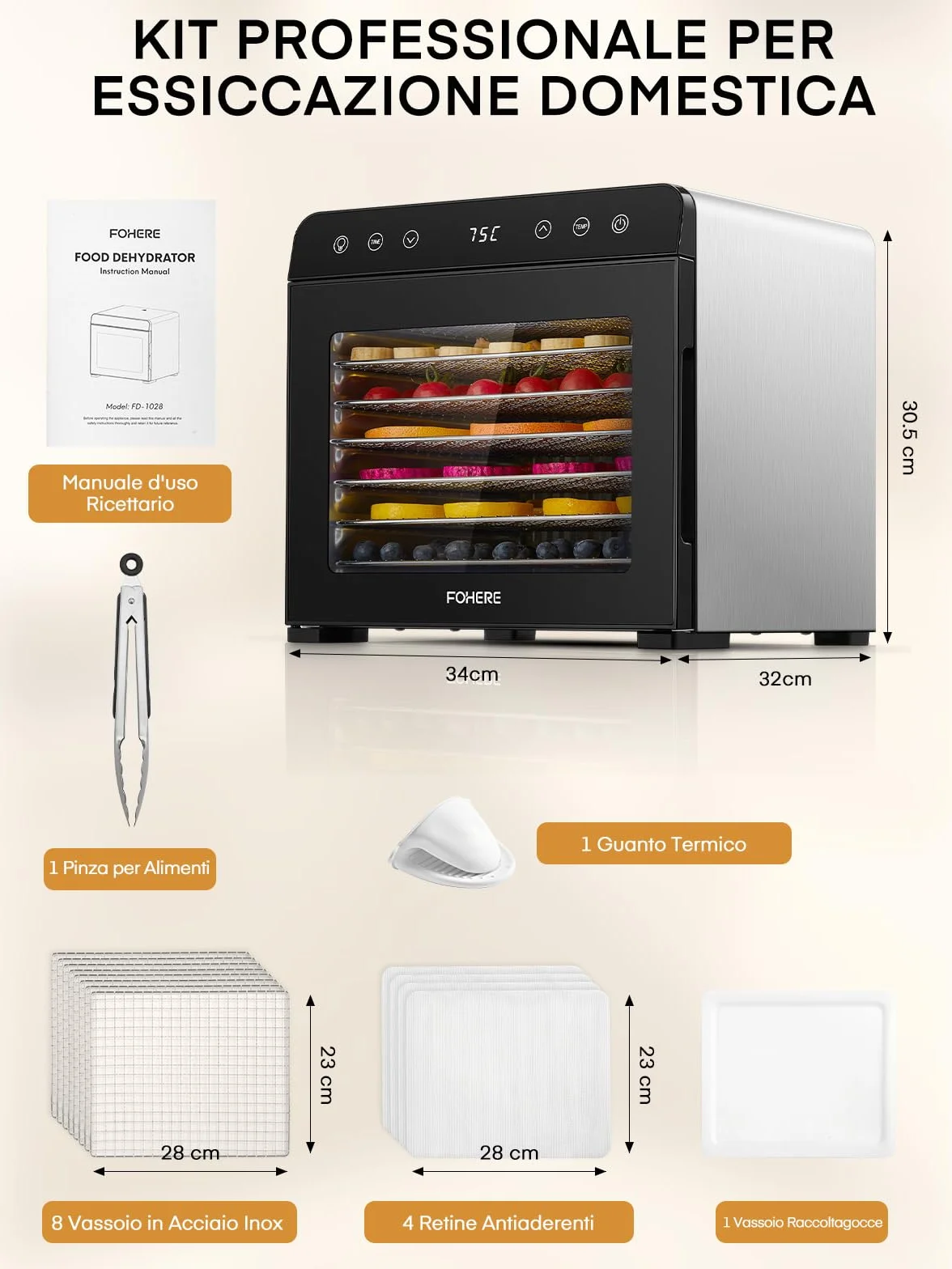 FOHERE Essiccatore Alimentare 8 Vassoi in Acciaio Inox, Silenzioso <40dB per Uso Notturno, Termostato 35-75℃ Timer 48h, per Frutta, Verdura, Carne, Funghi, Erbe, Snack per Bebè